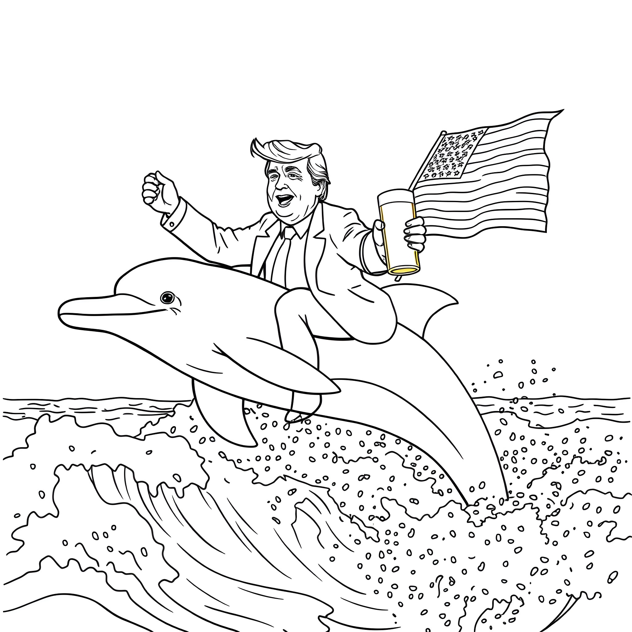 Donald Trump riding a dolphin while waving an American flag Coloring Page (free black-and-white line drawing printable PDF for all, from beginners to advanced learners, including children, teens, adults, and seniors)