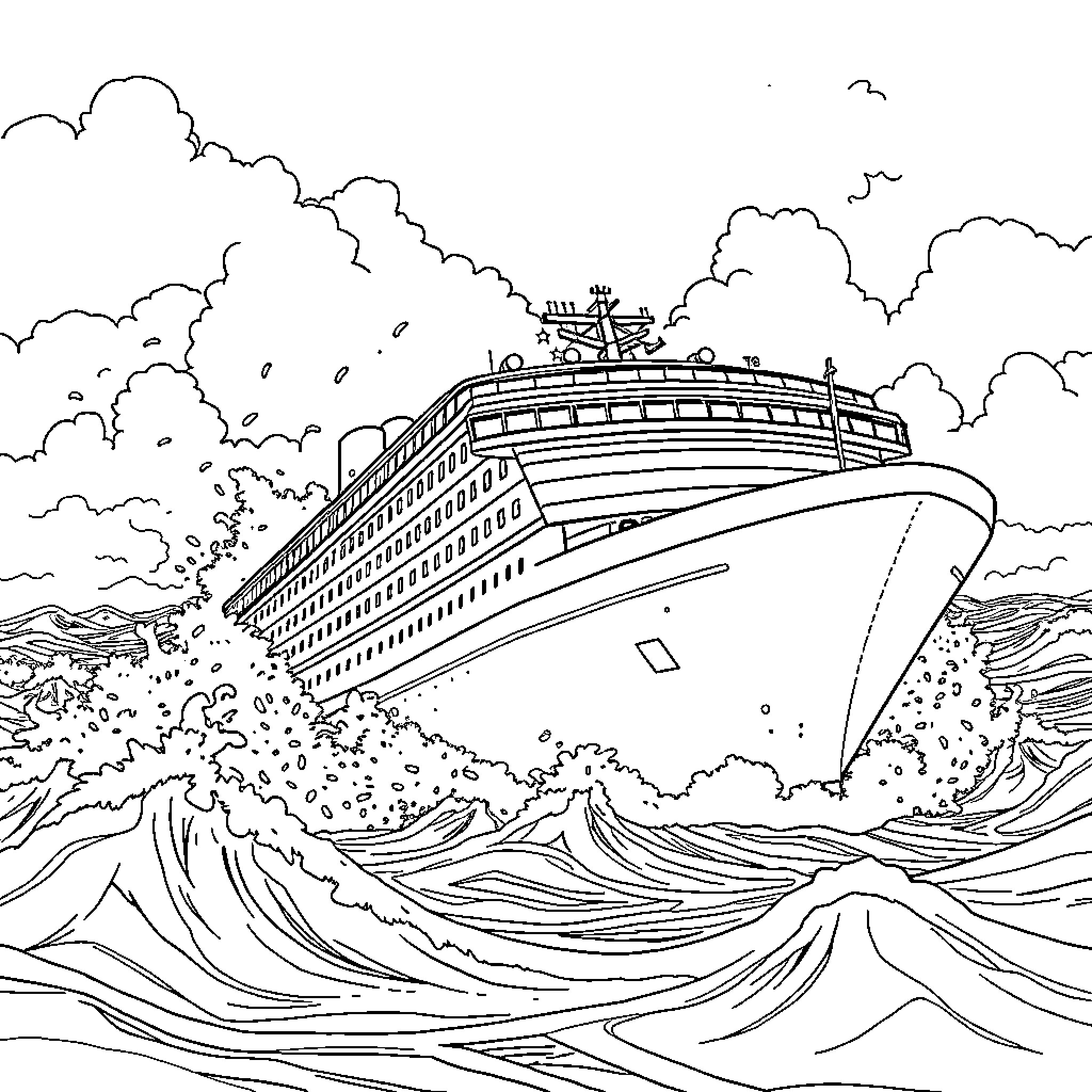 Cruise Ship Navigating Rough Ocean Waves Coloring Page (free black-and-white line drawing printable PDF for all, from beginners to advanced learners, including children, teens, adults, and seniors)