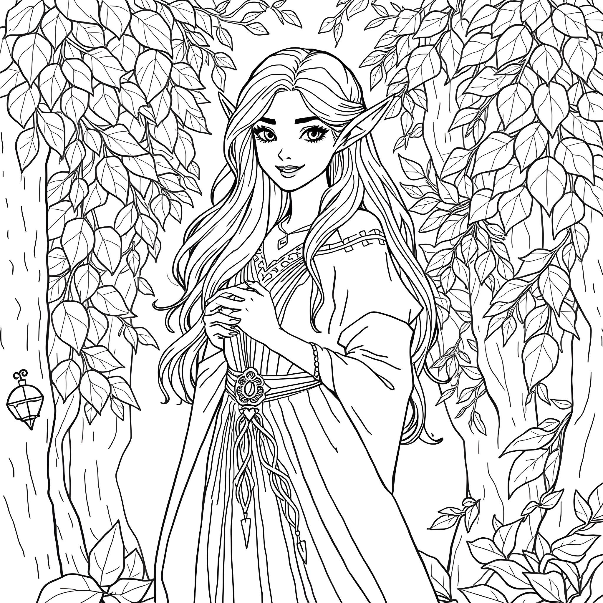 Girl in flowing dress stands amidst lush foliage Coloring Page (free black-and-white line drawing printable PDF for all, from beginners to advanced learners, including children, teens, adults, and seniors)