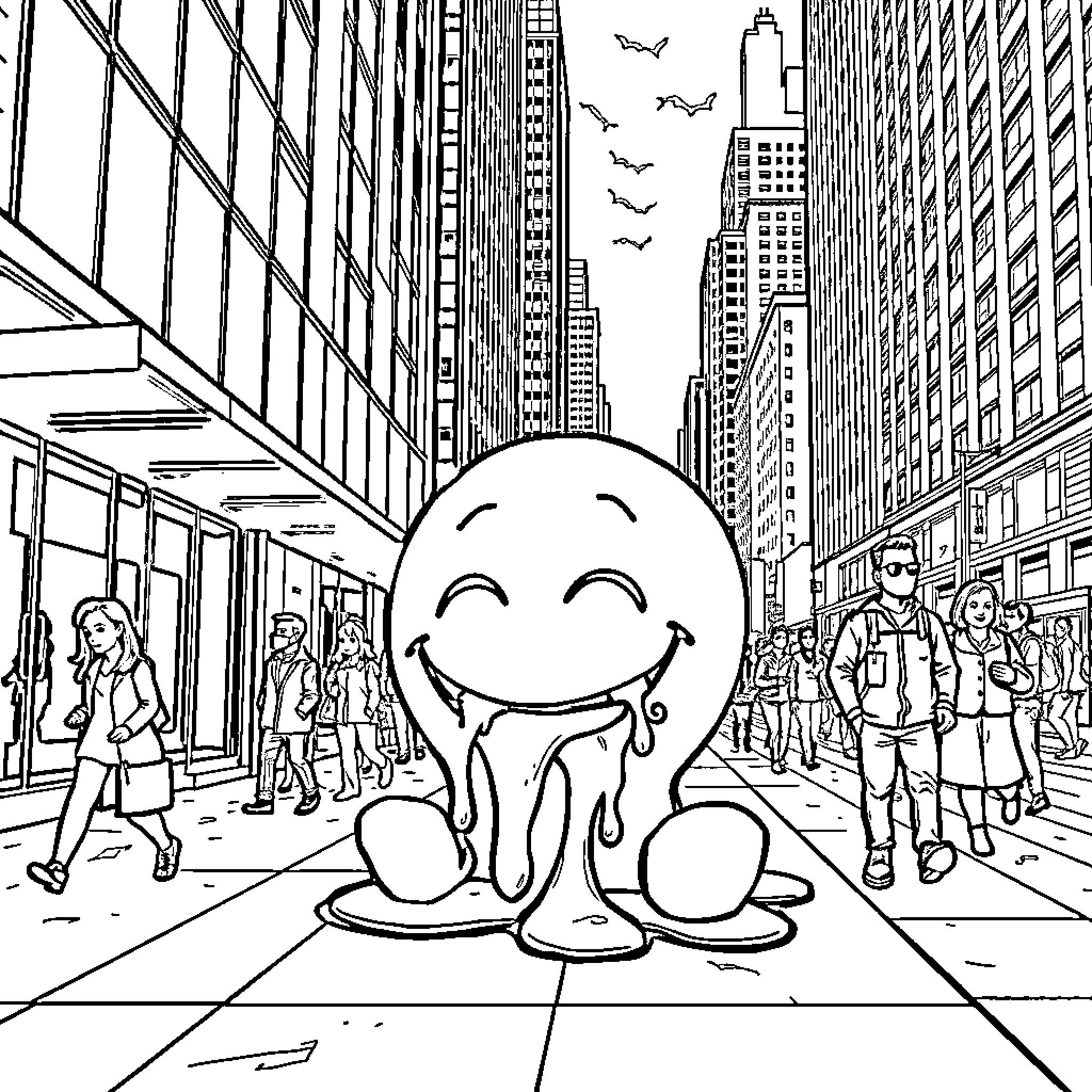 Smiley Face enjoying the busy city streets Coloring Page (free black-and-white line drawing printable PDF for all, from beginners to advanced learners, including children, teens, adults, and seniors)
