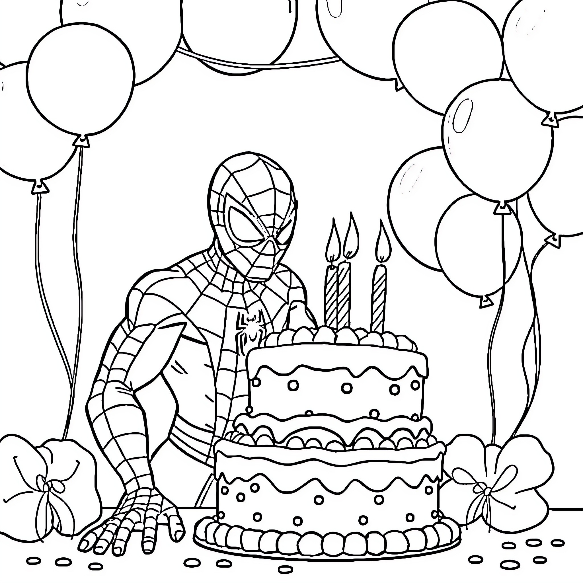 Spiderman celebrates birthday with cake and balloons Coloring Page (free black-and-white line drawing printable PDF for all, from beginners to advanced learners, including children, teens, adults, and seniors)