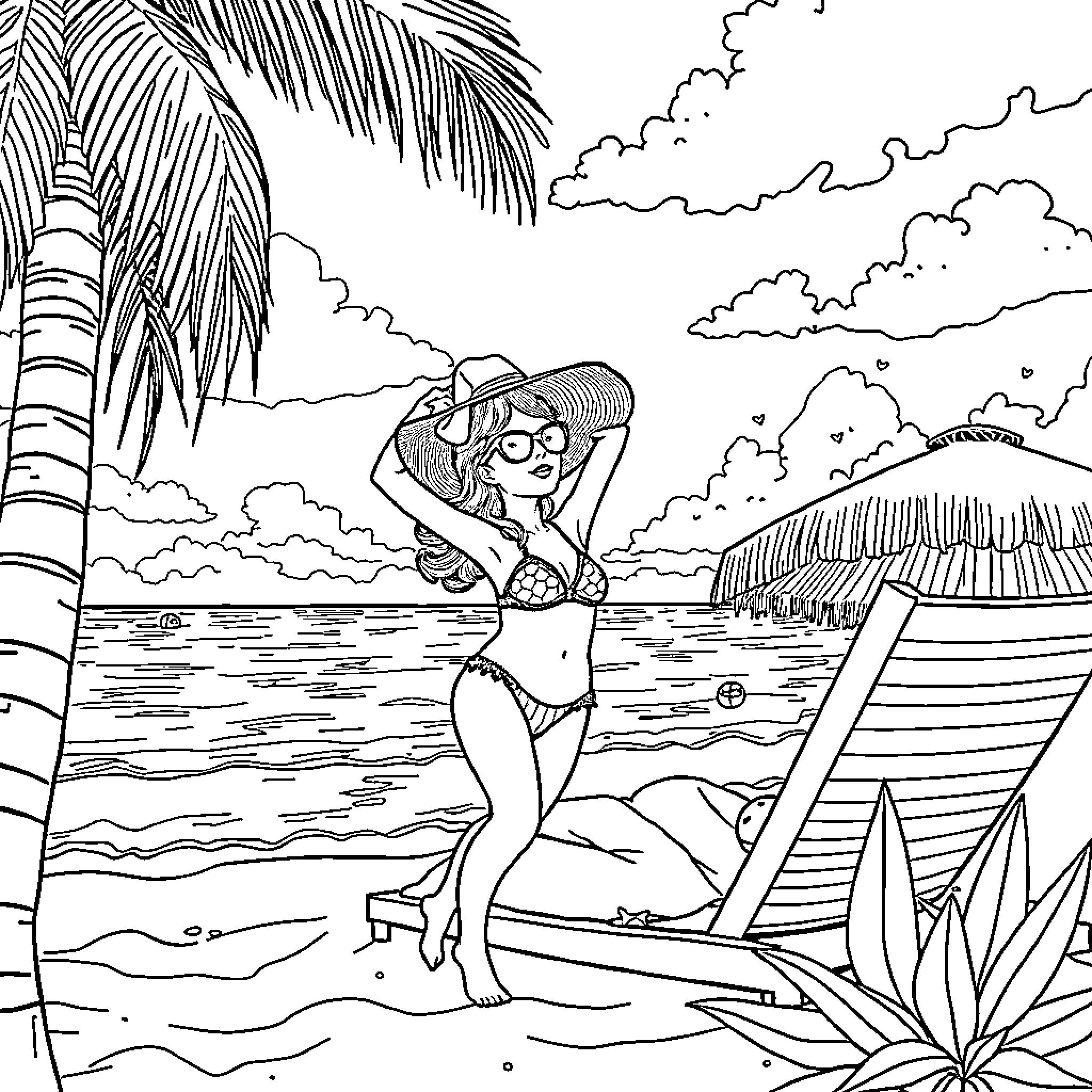 FEPSI Woman relaxing on tropical beach Coloring Page (free black-and-white line drawing printable PDF for all, from beginners to advanced learners, including children, teens, adults, and seniors)