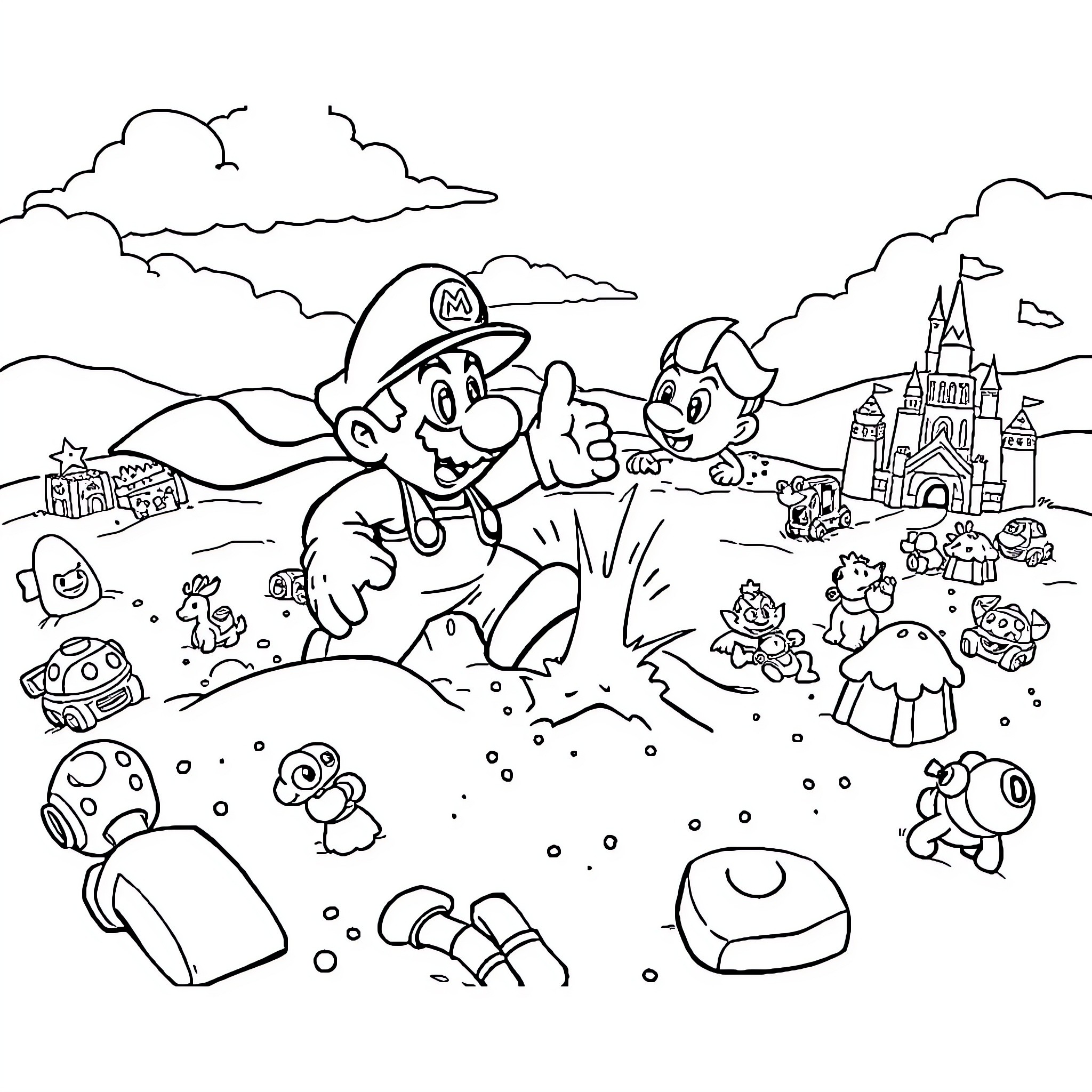 Superhero Plumber Exploring Whimsical Fantasy World Coloring Page (free black-and-white line drawing printable PDF for all, from beginners to advanced learners, including children, teens, adults, and seniors)