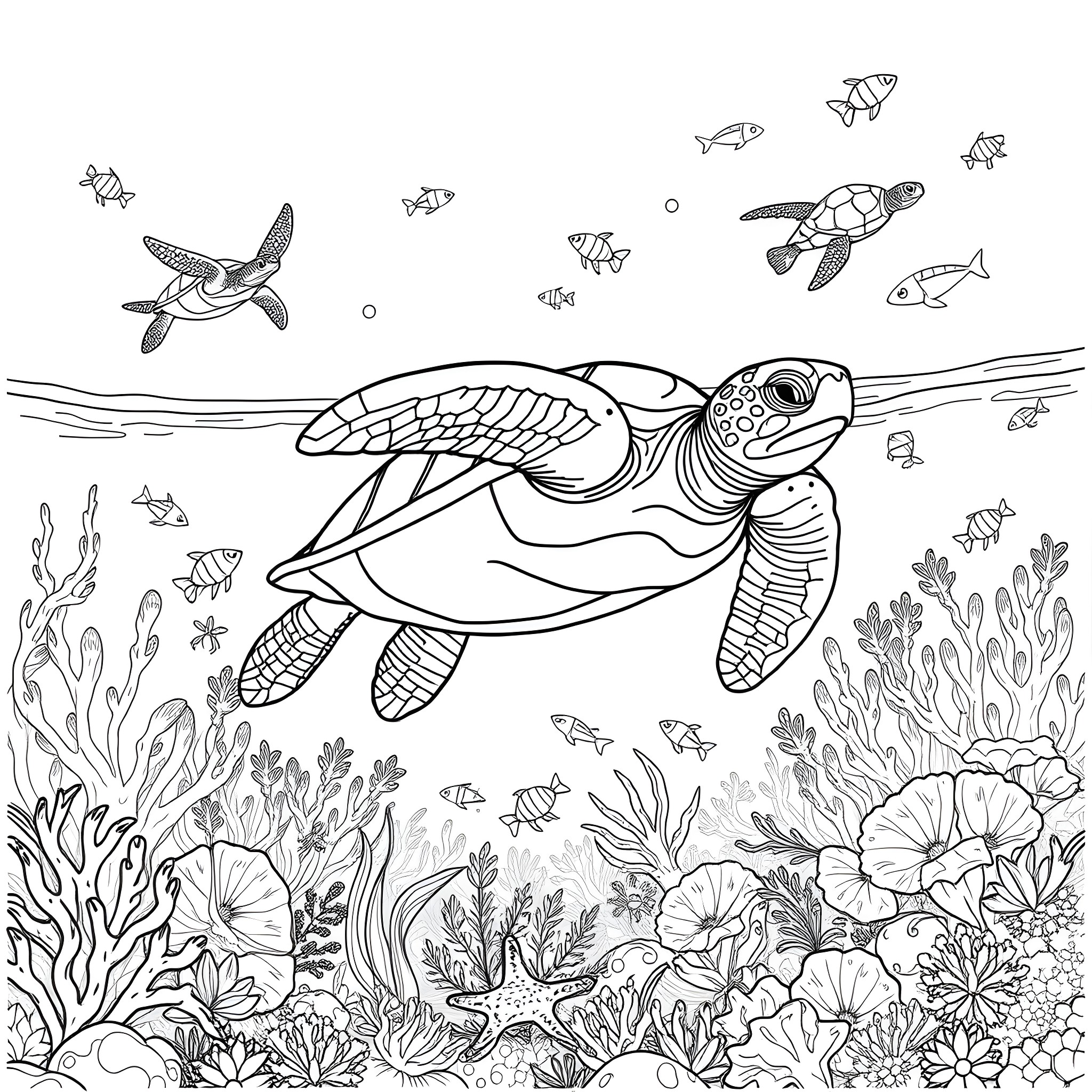 Turtle swimming among vibrant underwater flora and fauna Coloring Page (free black-and-white line drawing printable PDF for all, from beginners to advanced learners, including children, teens, adults, and seniors)