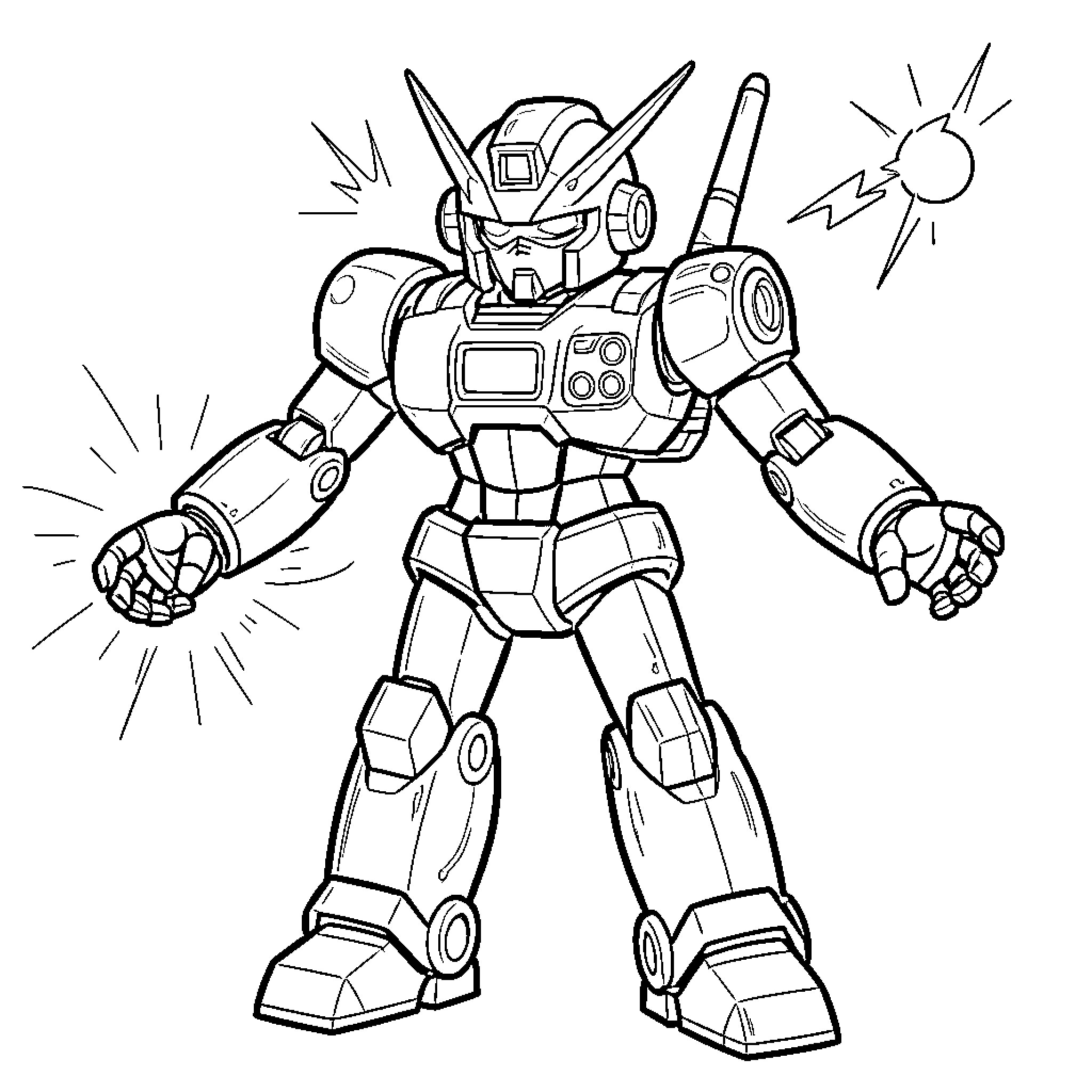 Robot hero with powerful pose and gear Coloring Page (free black-and-white line drawing printable PDF for all, from beginners to advanced learners, including children, teens, adults, and seniors)