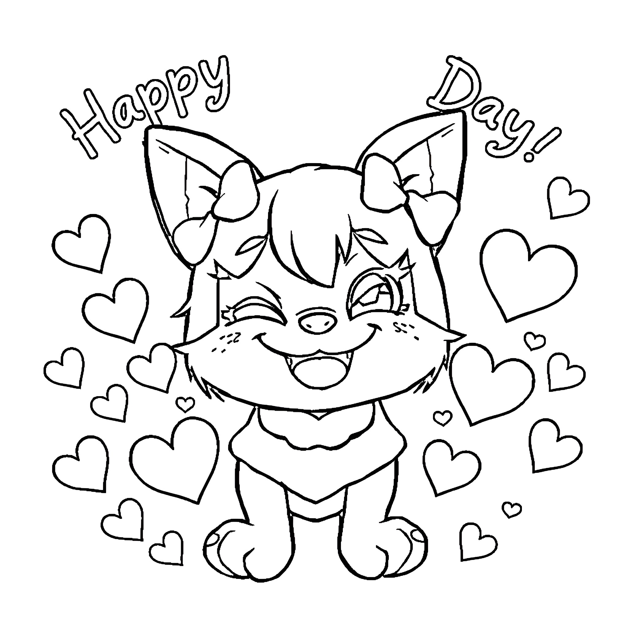 Kuromi celebrating Happy Day with hearts Coloring Page (free black-and-white line drawing printable PDF for all, from beginners to advanced learners, including children, teens, adults, and seniors)