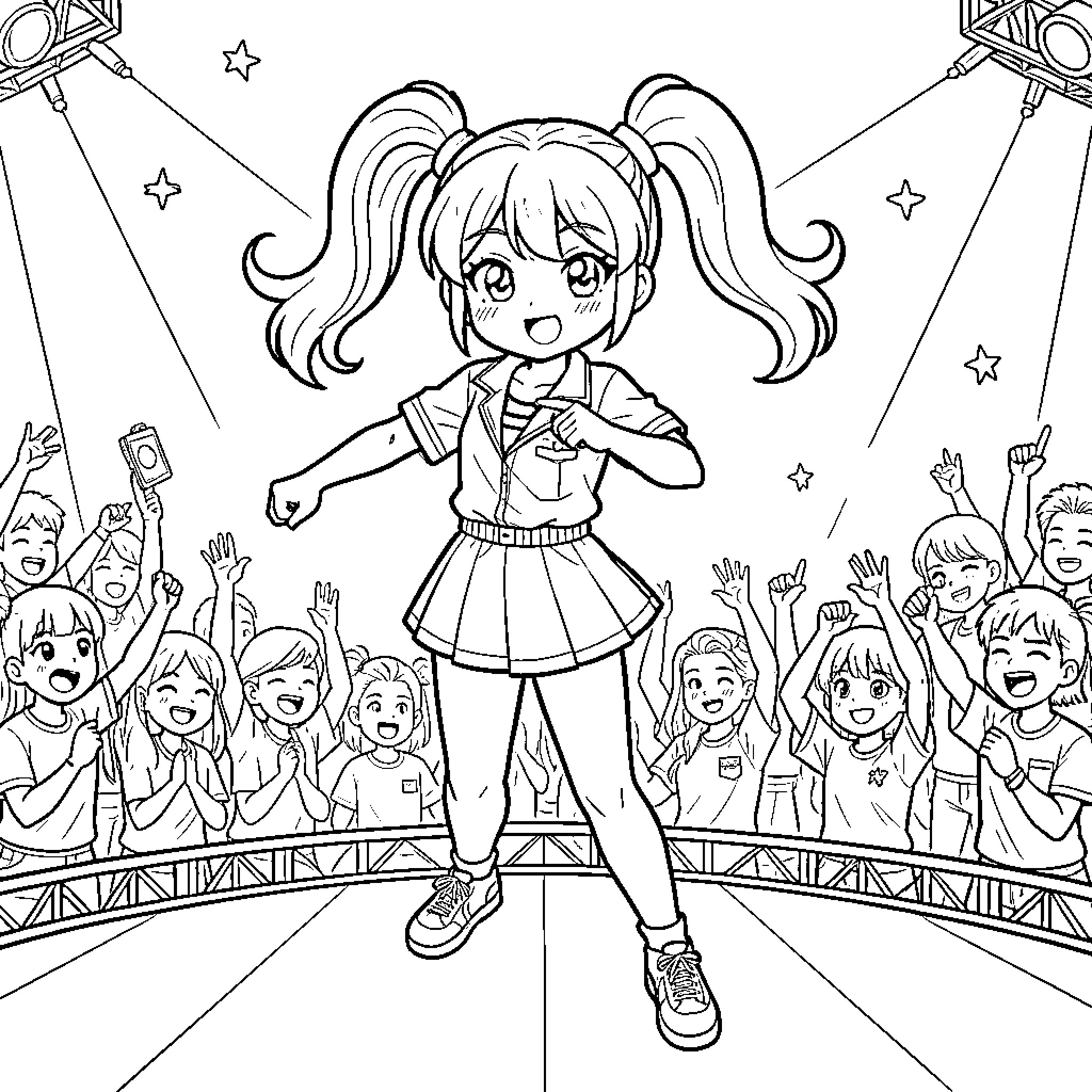 Anime Girl performing energetically on a stage for fans Coloring Page (free black-and-white line drawing printable PDF for all, from beginners to advanced learners, including children, teens, adults, and seniors)