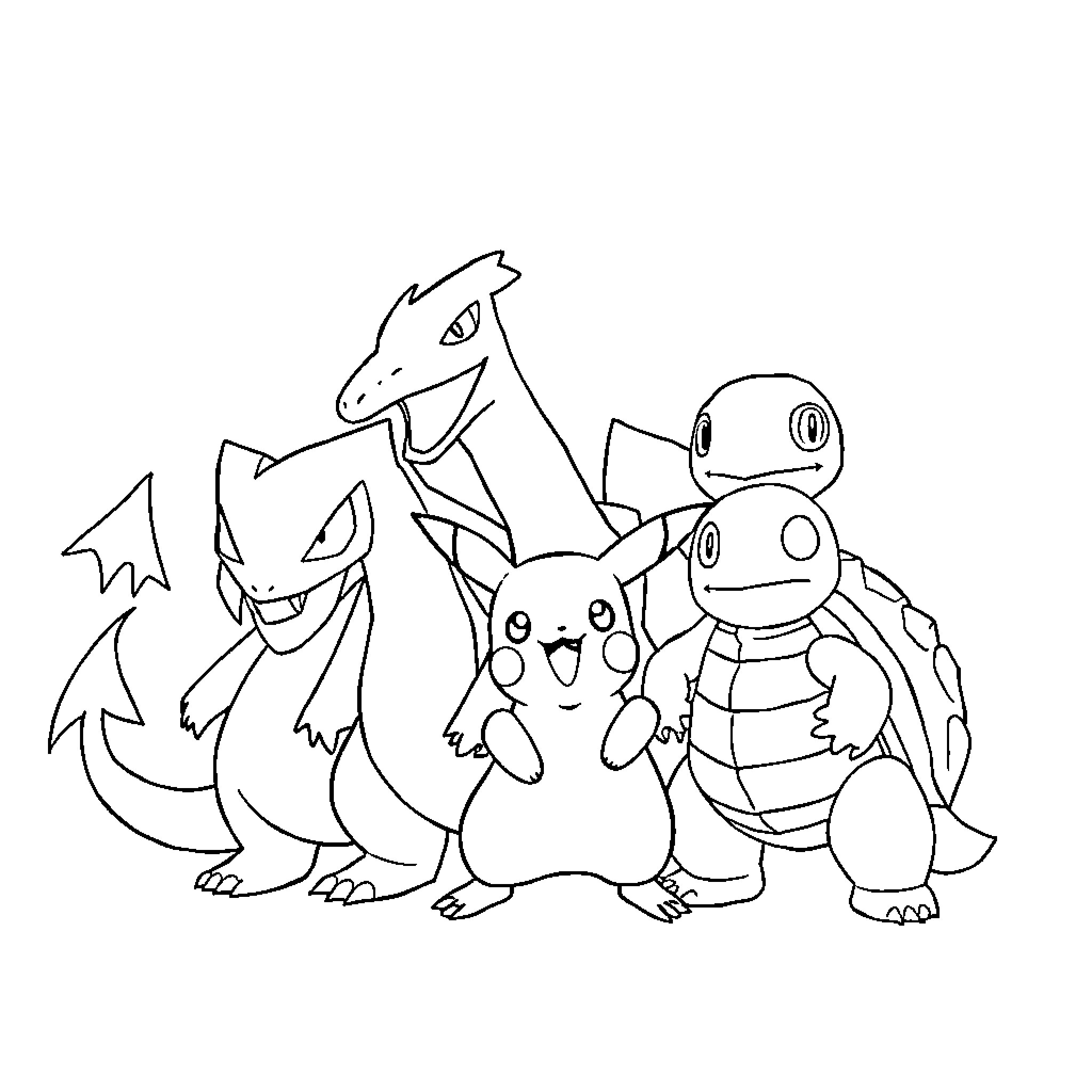 Pokémon characters in an adventurous pose Coloring Page (free black-and-white line drawing printable PDF for all, from beginners to advanced learners, including children, teens, adults, and seniors)