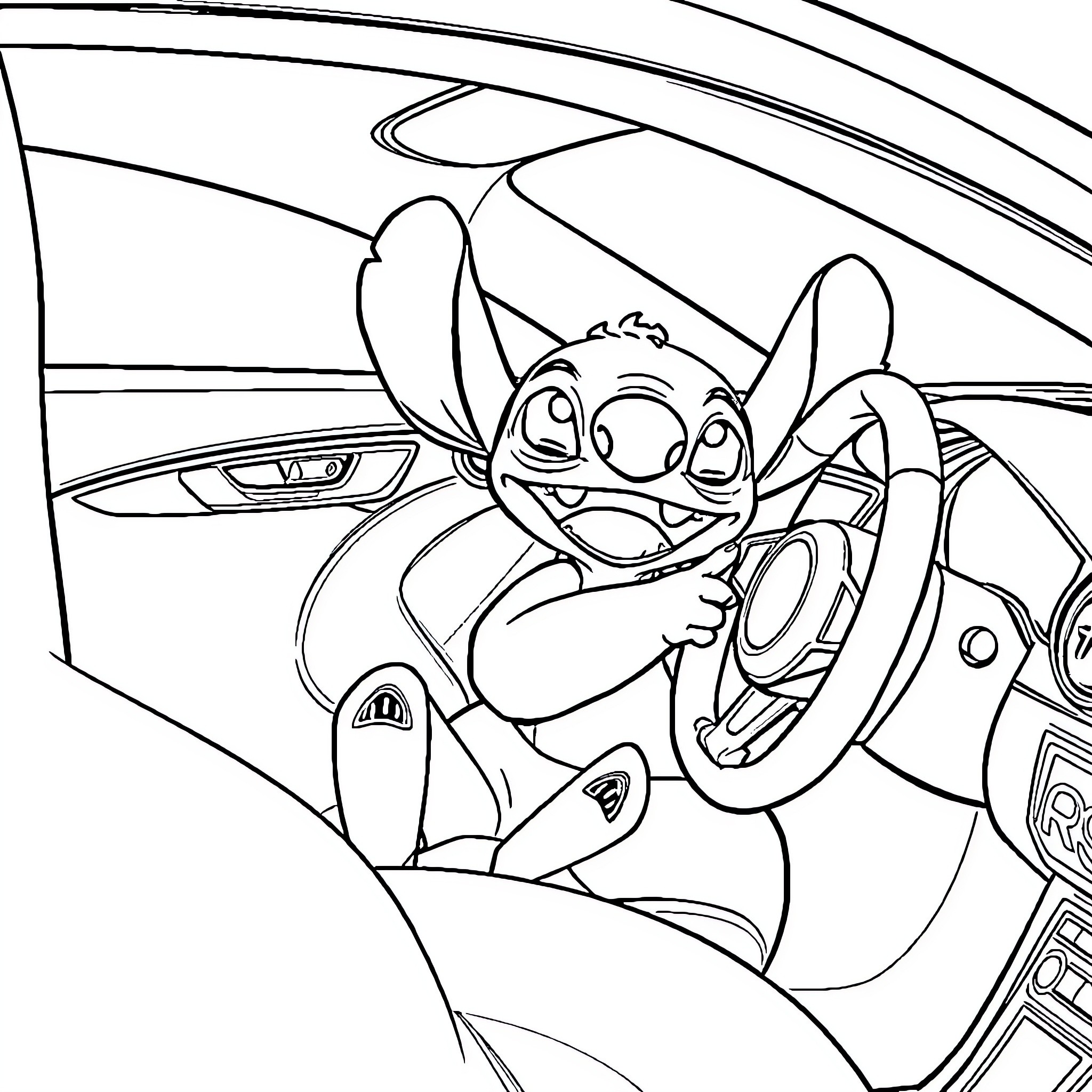 Stitch driving a car with excitement Coloring Page (free black-and-white line drawing printable PDF for all, from beginners to advanced learners, including children, teens, adults, and seniors)