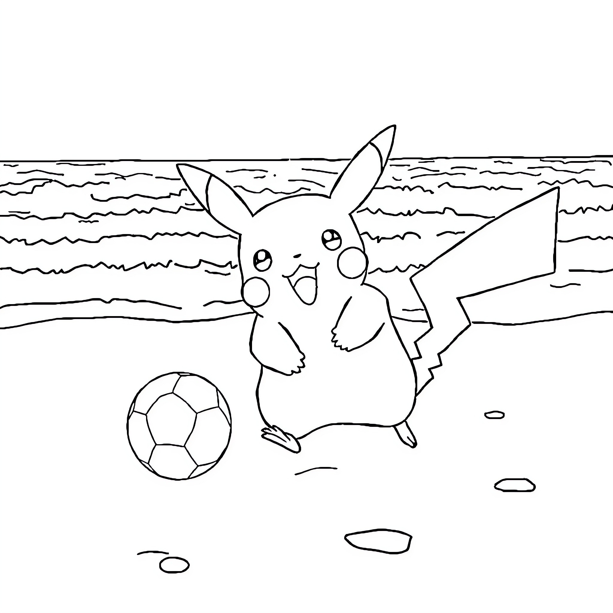 Pikachu playing soccer on the beach Coloring Page (free black-and-white line drawing printable PDF for all, from beginners to advanced learners, including children, teens, adults, and seniors)