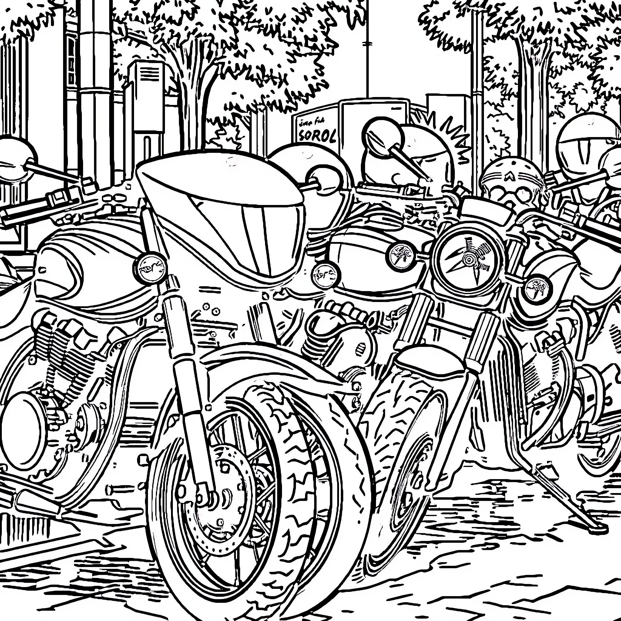 Ojek riders navigating the busy city streets Coloring Page (free black-and-white line drawing printable PDF for all, from beginners to advanced learners, including children, teens, adults, and seniors)