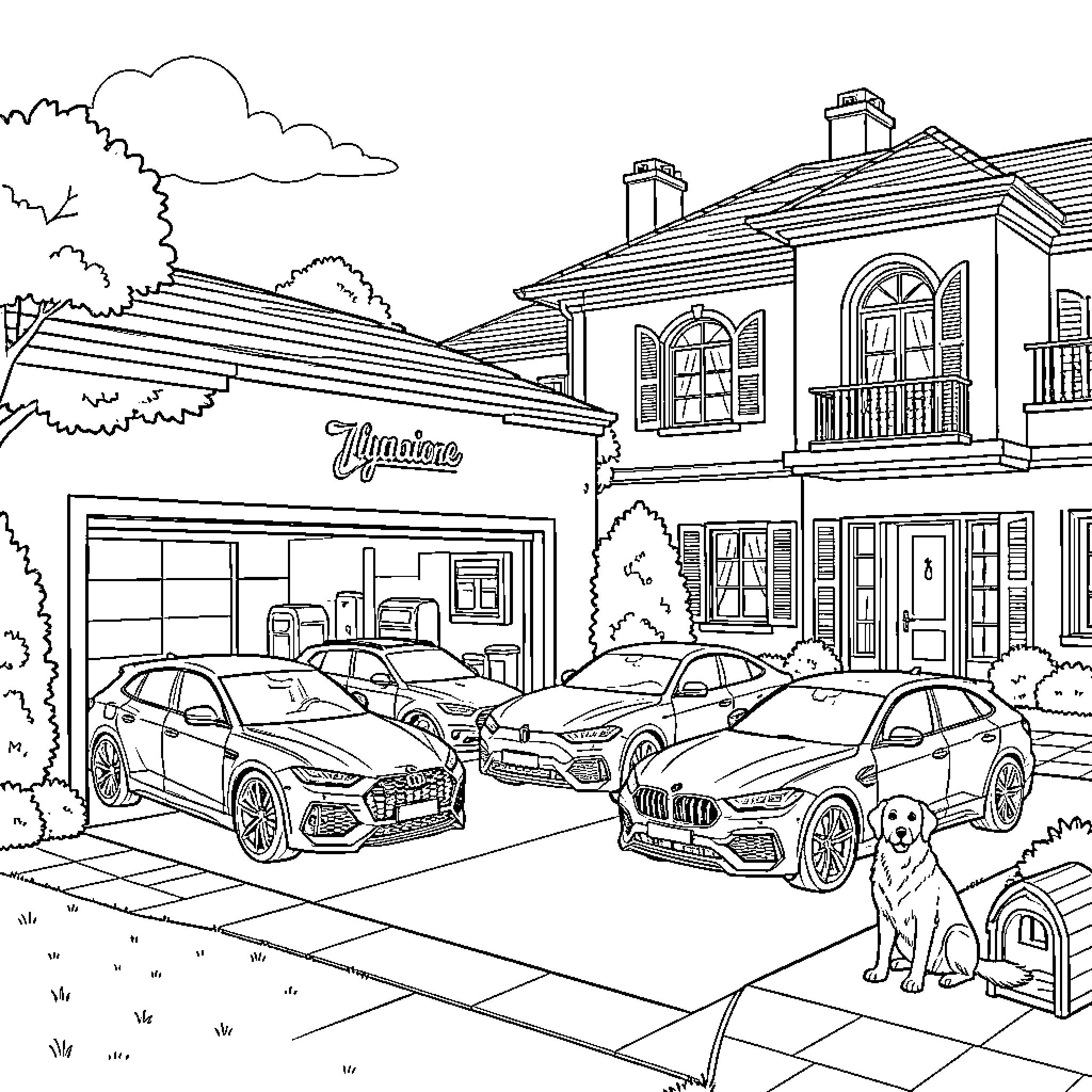 Garage with luxury cars parked in the driveway Coloring Page (free black-and-white line drawing printable PDF for all, from beginners to advanced learners, including children, teens, adults, and seniors)