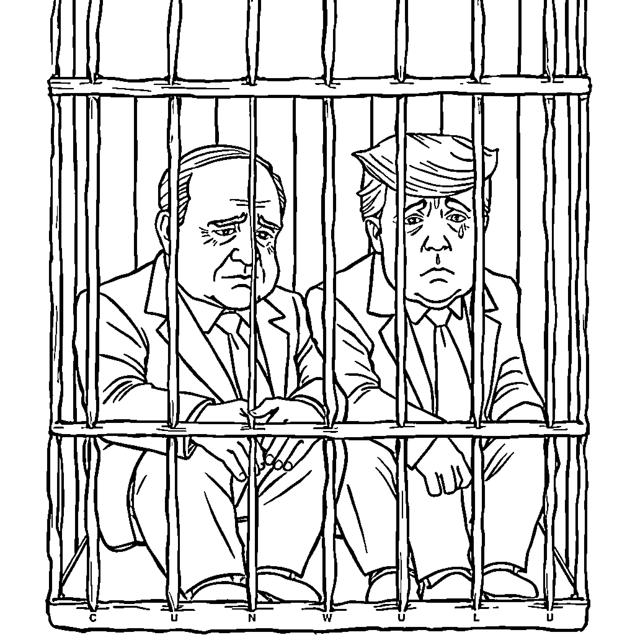 Netanyahu and Trump behind Bars Coloring Page (free black-and-white line drawing printable PDF for all, from beginners to advanced learners, including children, teens, adults, and seniors)