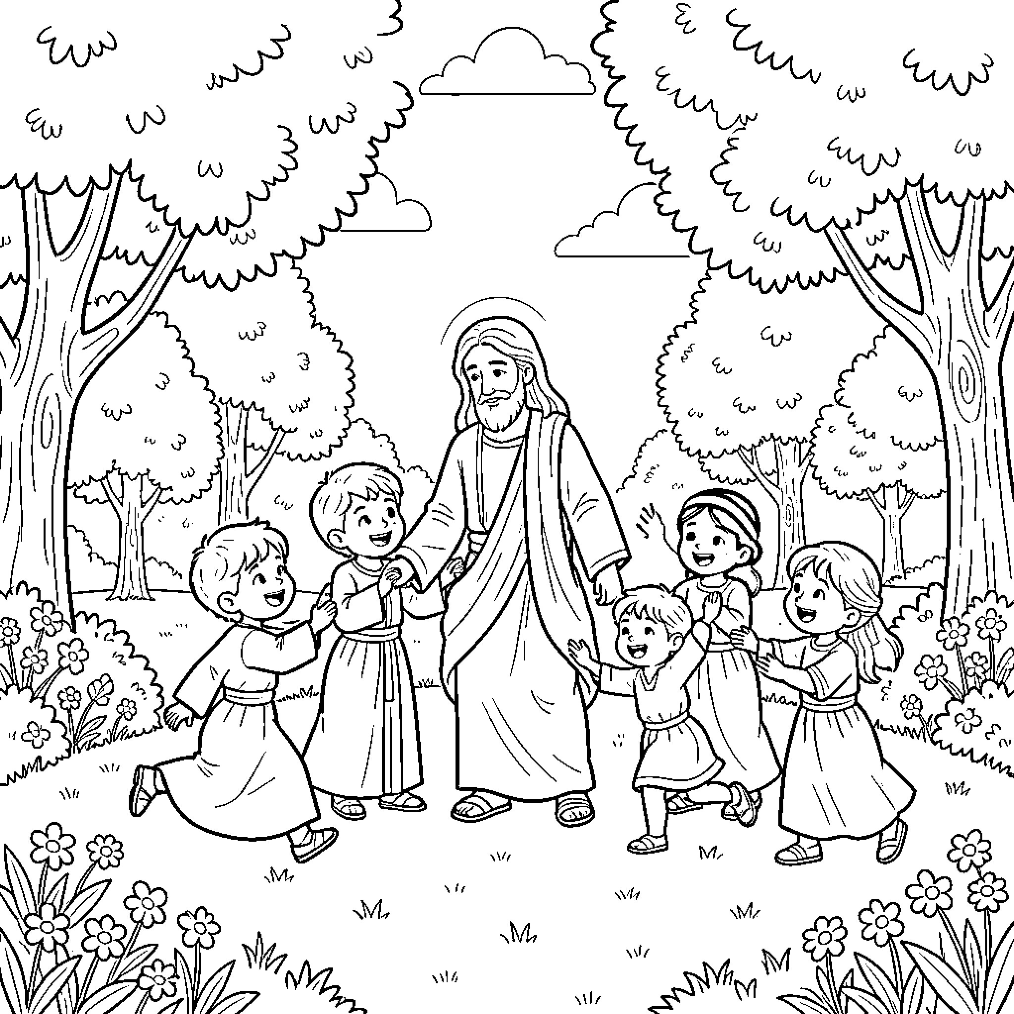 Children with Jesus in the forest Coloring Page (free black-and-white line drawing printable PDF for all, from beginners to advanced learners, including children, teens, adults, and seniors)