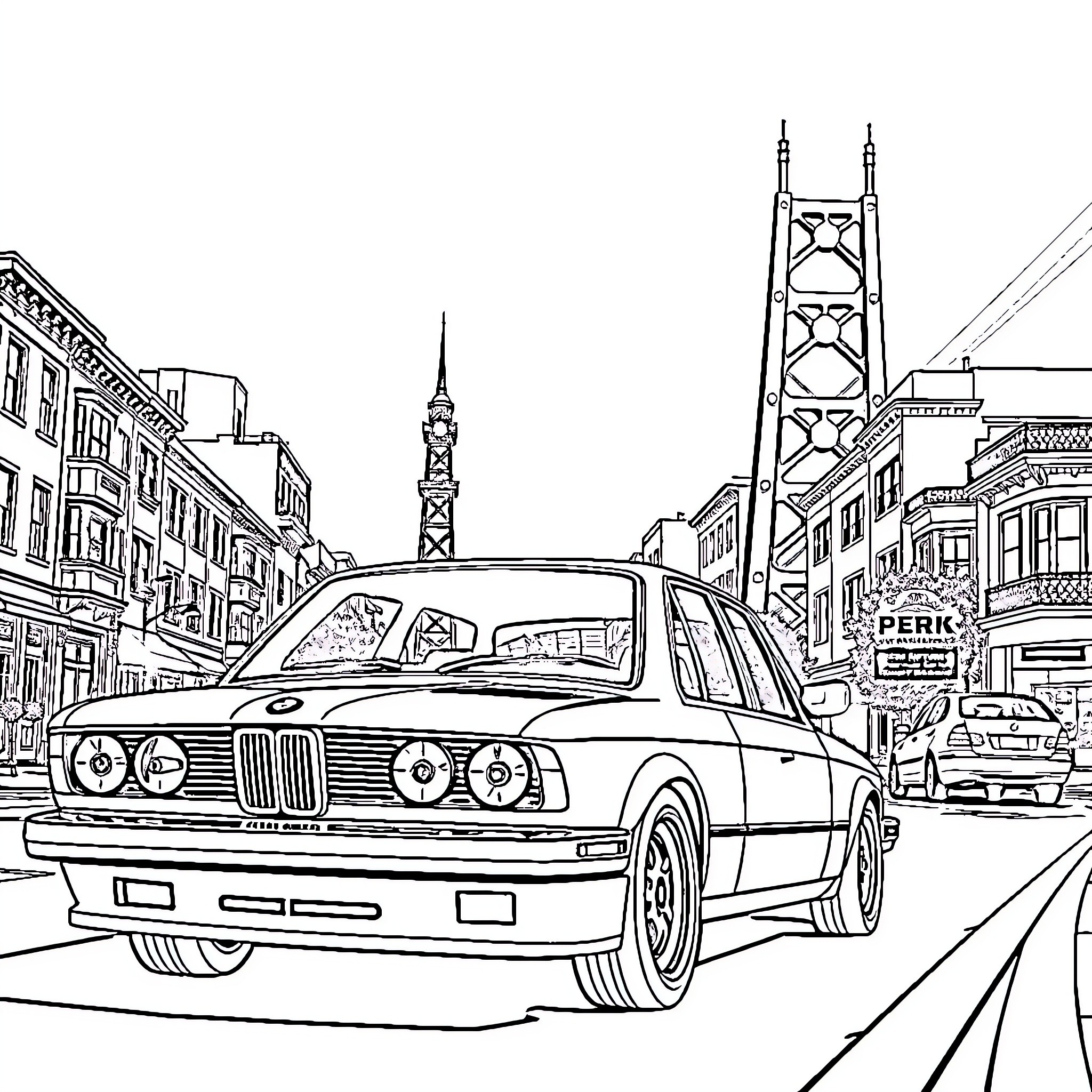 BMW Classic Car Driving Through Urban City Coloring Page (free black-and-white line drawing printable PDF for all, from beginners to advanced learners, including children, teens, adults, and seniors)