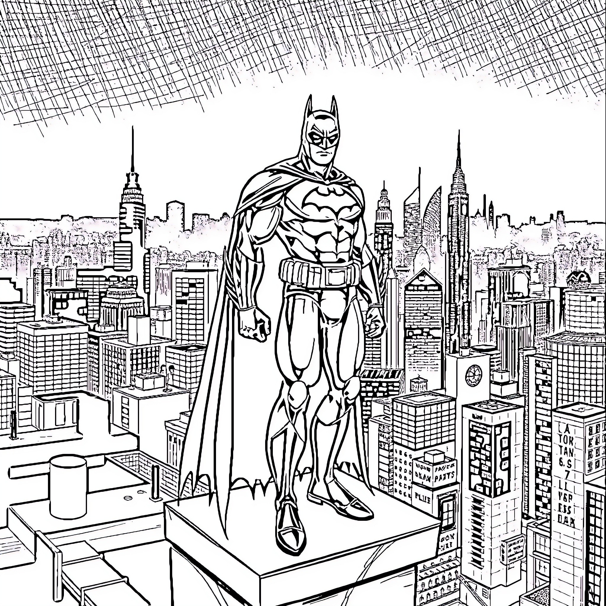Batman standing heroically over the city skyline Coloring Page (free black-and-white line drawing printable PDF for all, from beginners to advanced learners, including children, teens, adults, and seniors)