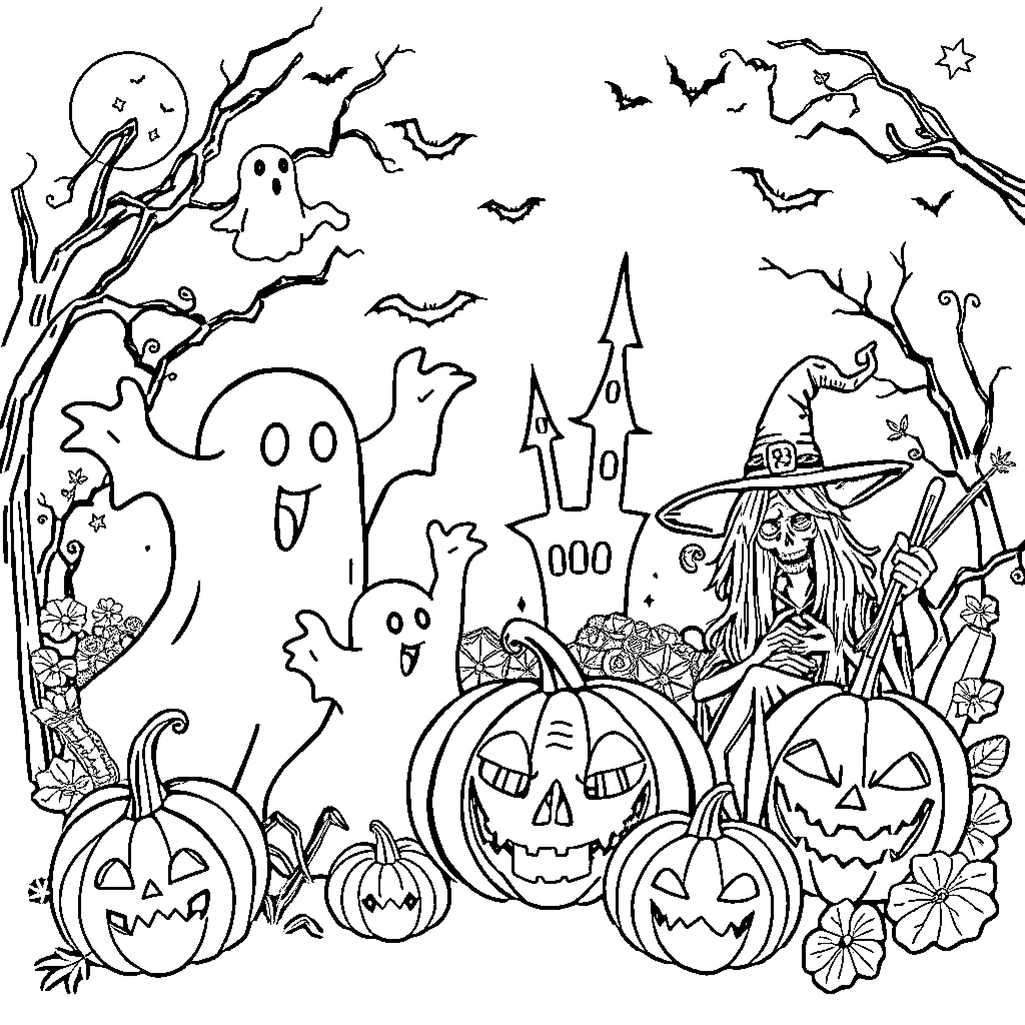 Halloween Spooky Scenes with Ghosts, Witches, and Pumpkins Coloring Page (free black-and-white line drawing printable PDF for all, from beginners to advanced learners, including children, teens, adults, and seniors)