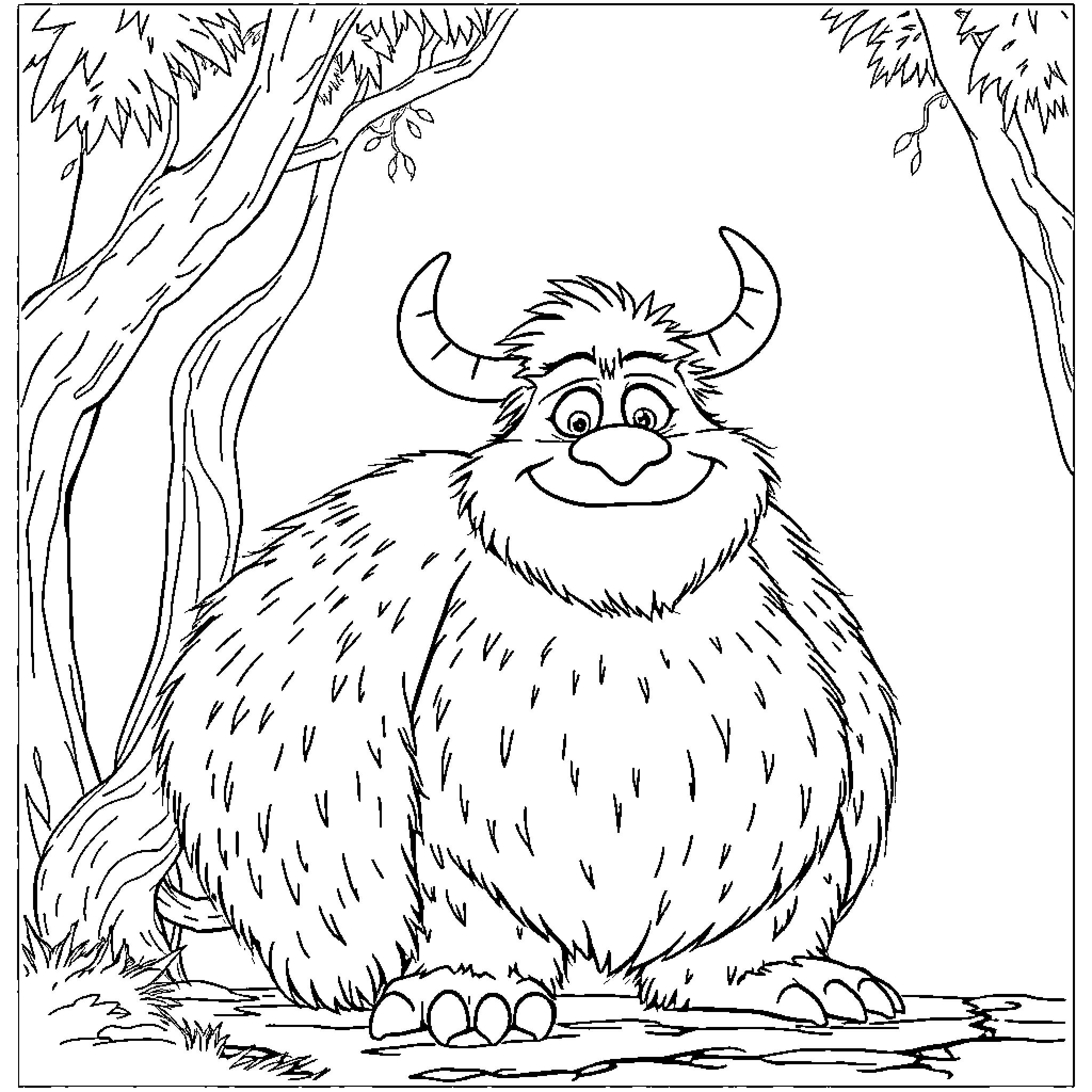 Gruff Monster Smiling in Enchanted Forest Coloring Page (free black-and-white line drawing printable PDF for all, from beginners to advanced learners, including children, teens, adults, and seniors)