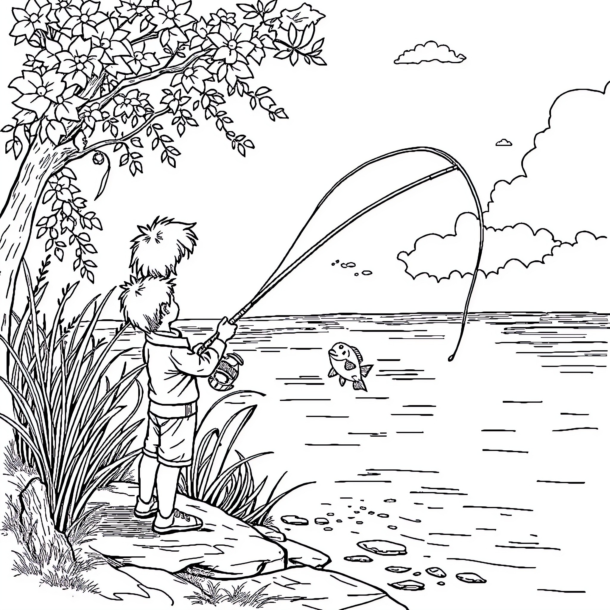 Boy fishing by the lake in nature Coloring Page (free black-and-white line drawing printable PDF for all, from beginners to advanced learners, including children, teens, adults, and seniors)