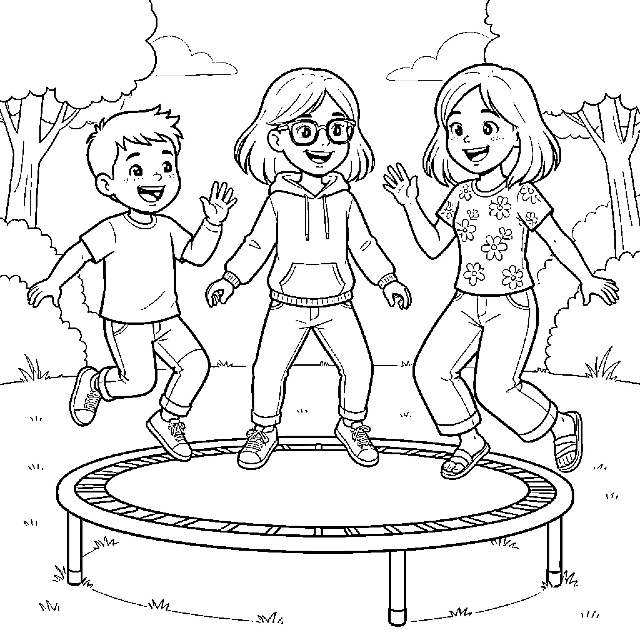 Child friends playing happily on trampoline Coloring Page (free black-and-white line drawing printable PDF for all, from beginners to advanced learners, including children, teens, adults, and seniors)