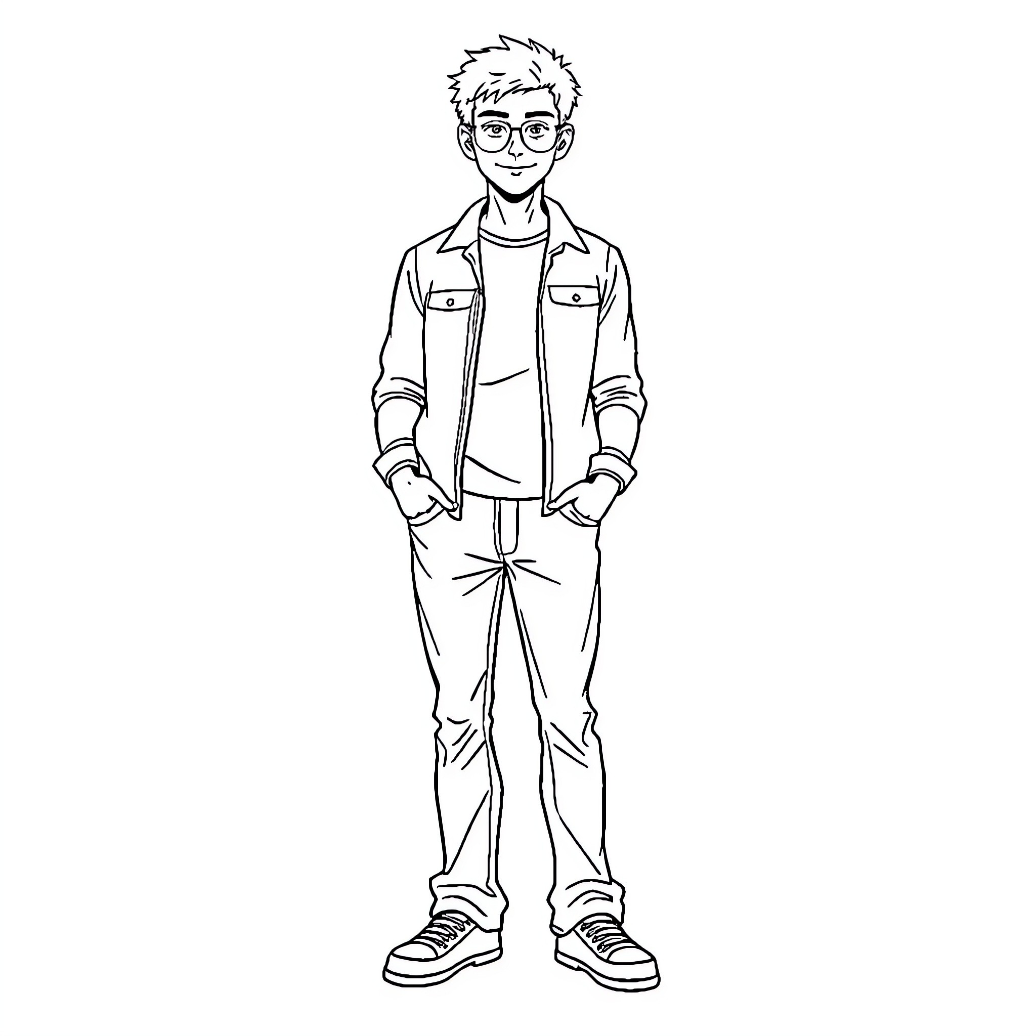 Adult character in casual outfit Coloring Page (free black-and-white line drawing printable PDF for all, from beginners to advanced learners, including children, teens, adults, and seniors)