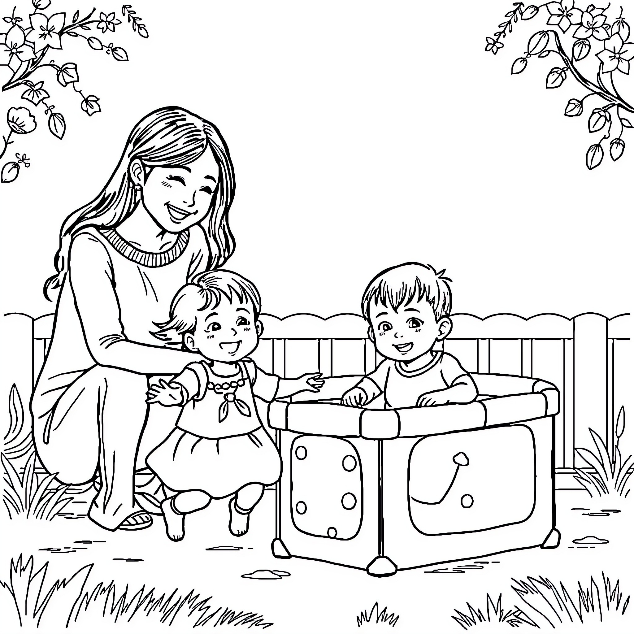 Mommy playing joyfully with children in the yard Coloring Page (free black-and-white line drawing printable PDF for all, from beginners to advanced learners, including children, teens, adults, and seniors)