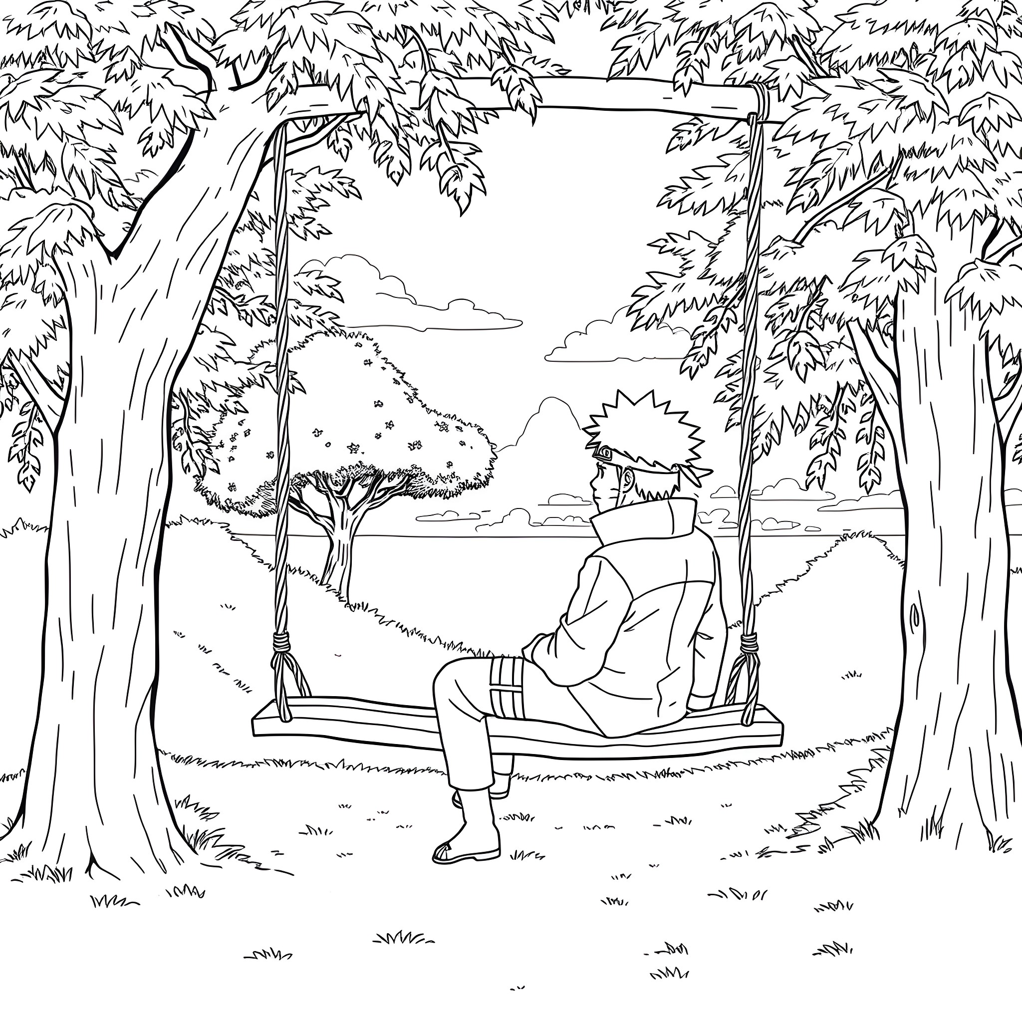 Naruto training in the forest Coloring Page (free black-and-white line drawing printable PDF for all, from beginners to advanced learners, including children, teens, adults, and seniors)