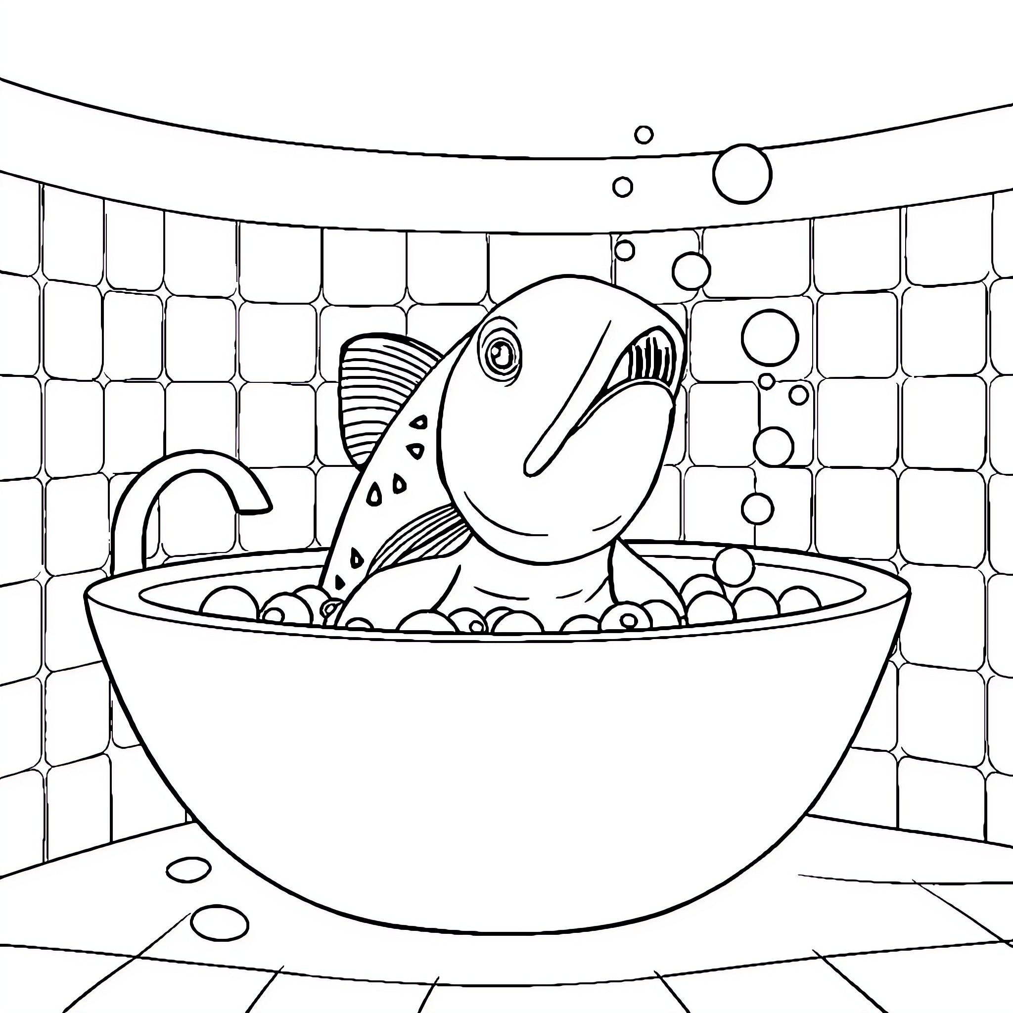 Vache swimming happily in a fishbowl Coloring Page (free black-and-white line drawing printable PDF for all, from beginners to advanced learners, including children, teens, adults, and seniors)
