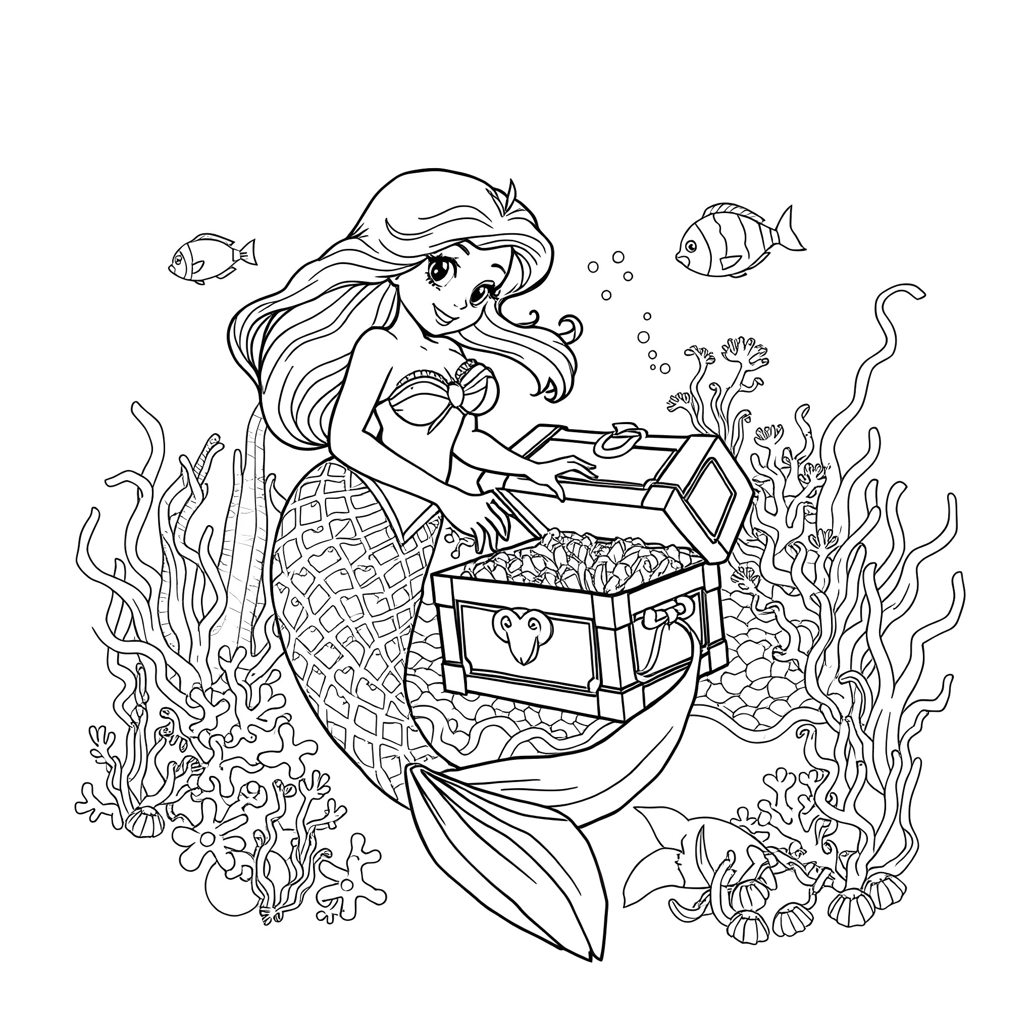 Mermaid discovering a treasure chest underwater Coloring Page (free black-and-white line drawing printable PDF for all, from beginners to advanced learners, including children, teens, adults, and seniors)