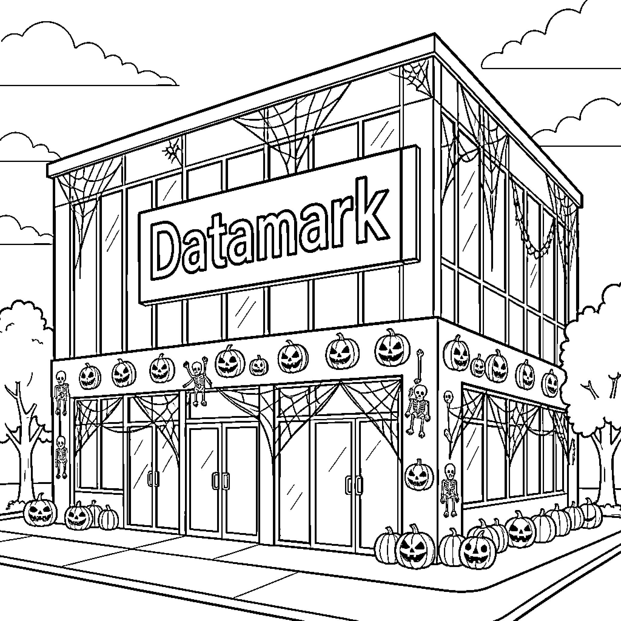 Office Building decorated with spooky Halloween decorations Coloring Page (free black-and-white line drawing printable PDF for all, from beginners to advanced learners, including children, teens, adults, and seniors)