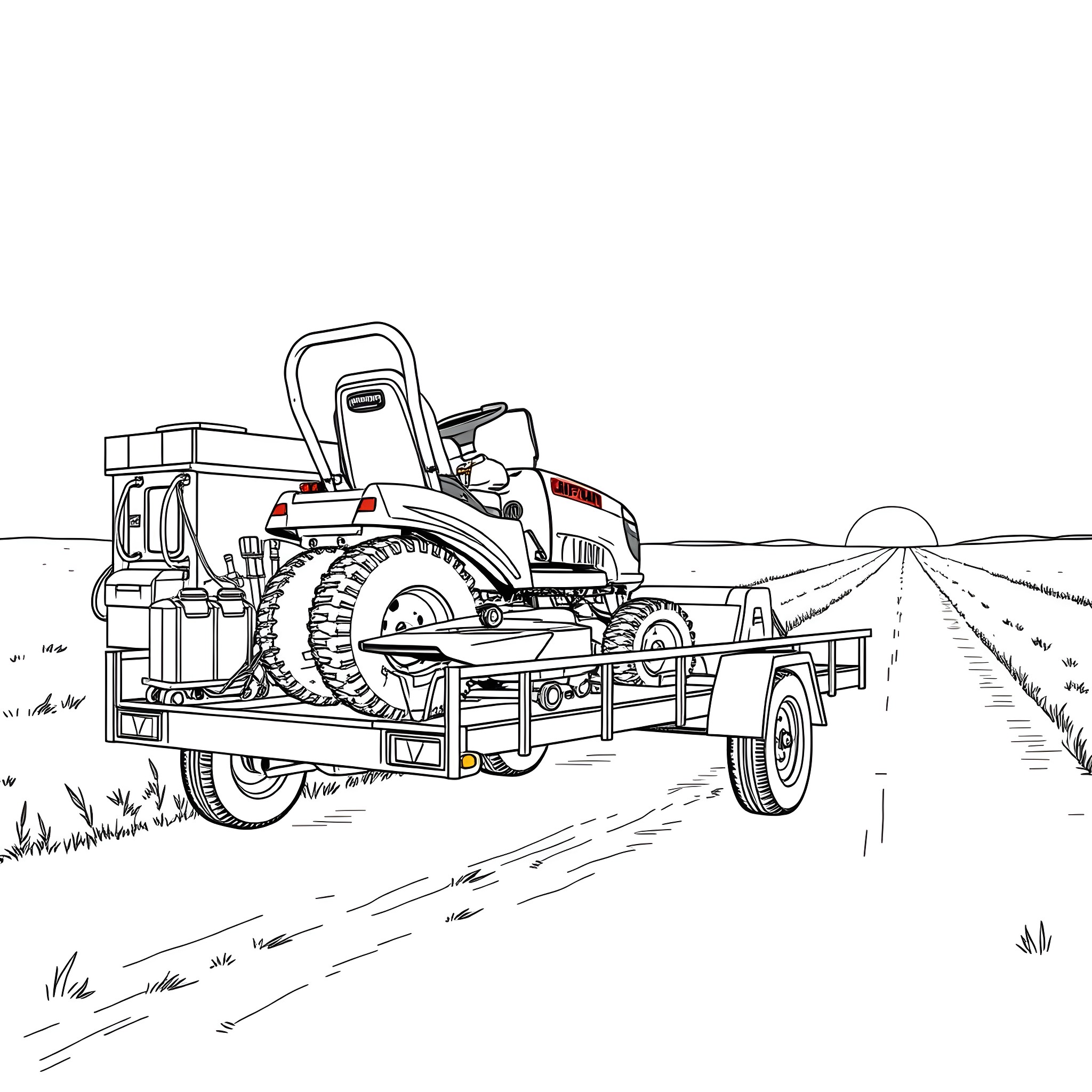 Mower transporting lawn equipment on trailer Coloring Page (free black-and-white line drawing printable PDF for all, from beginners to advanced learners, including children, teens, adults, and seniors)
