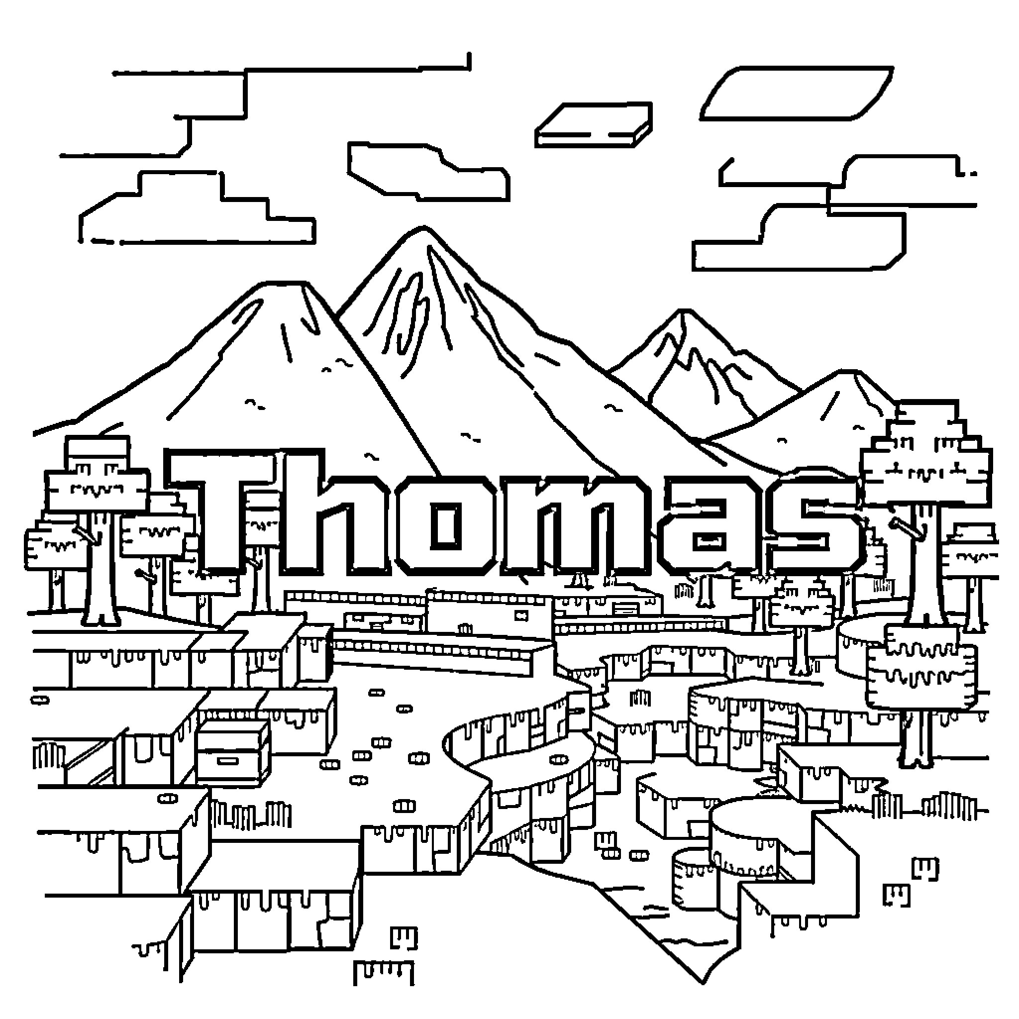 Minecraft cityscape with mountainous landscape Coloring Page (free black-and-white line drawing printable PDF for all, from beginners to advanced learners, including children, teens, adults, and seniors)
