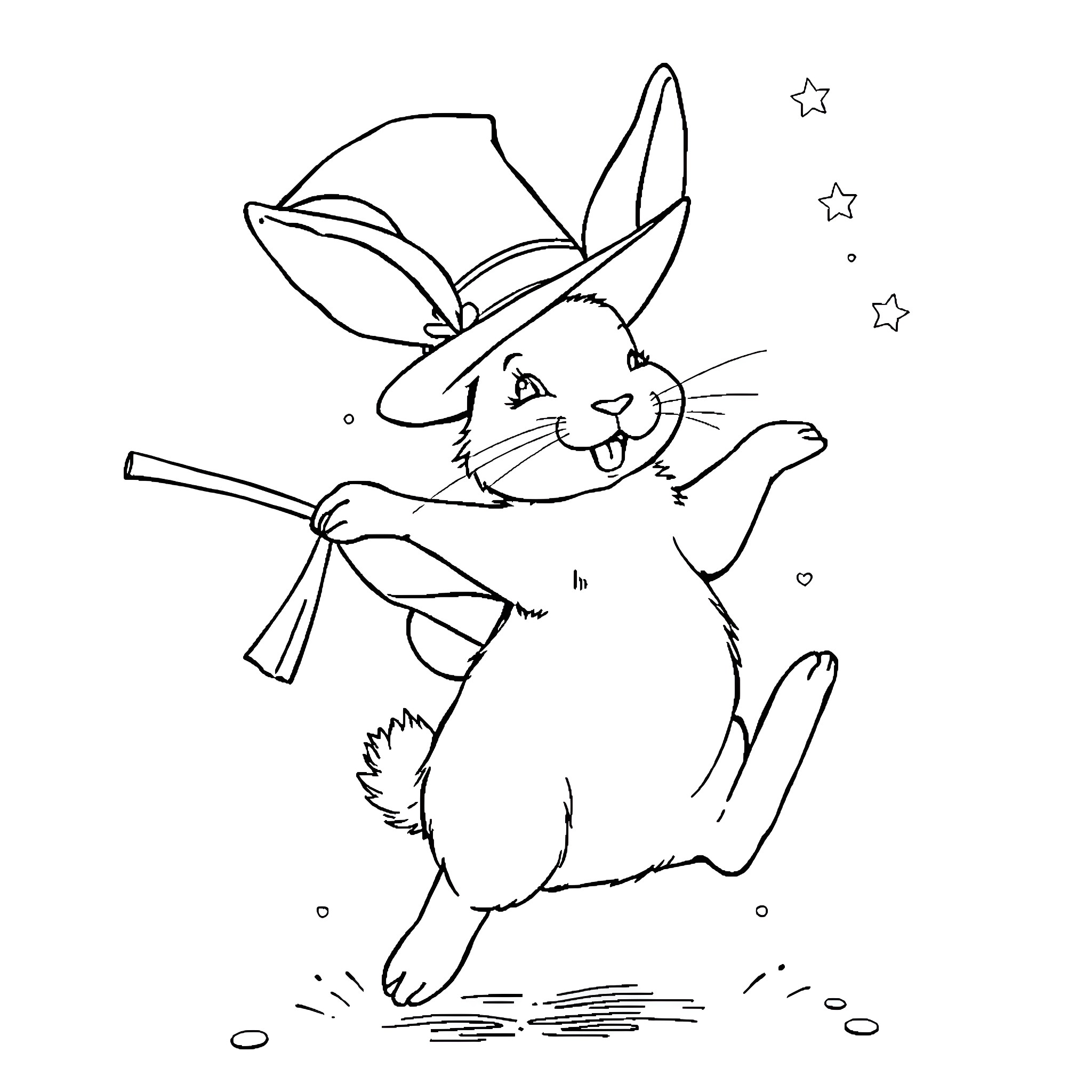 Rabbit wearing a hat and dancing with stars Coloring Page (free black-and-white line drawing printable PDF for all, from beginners to advanced learners, including children, teens, adults, and seniors)