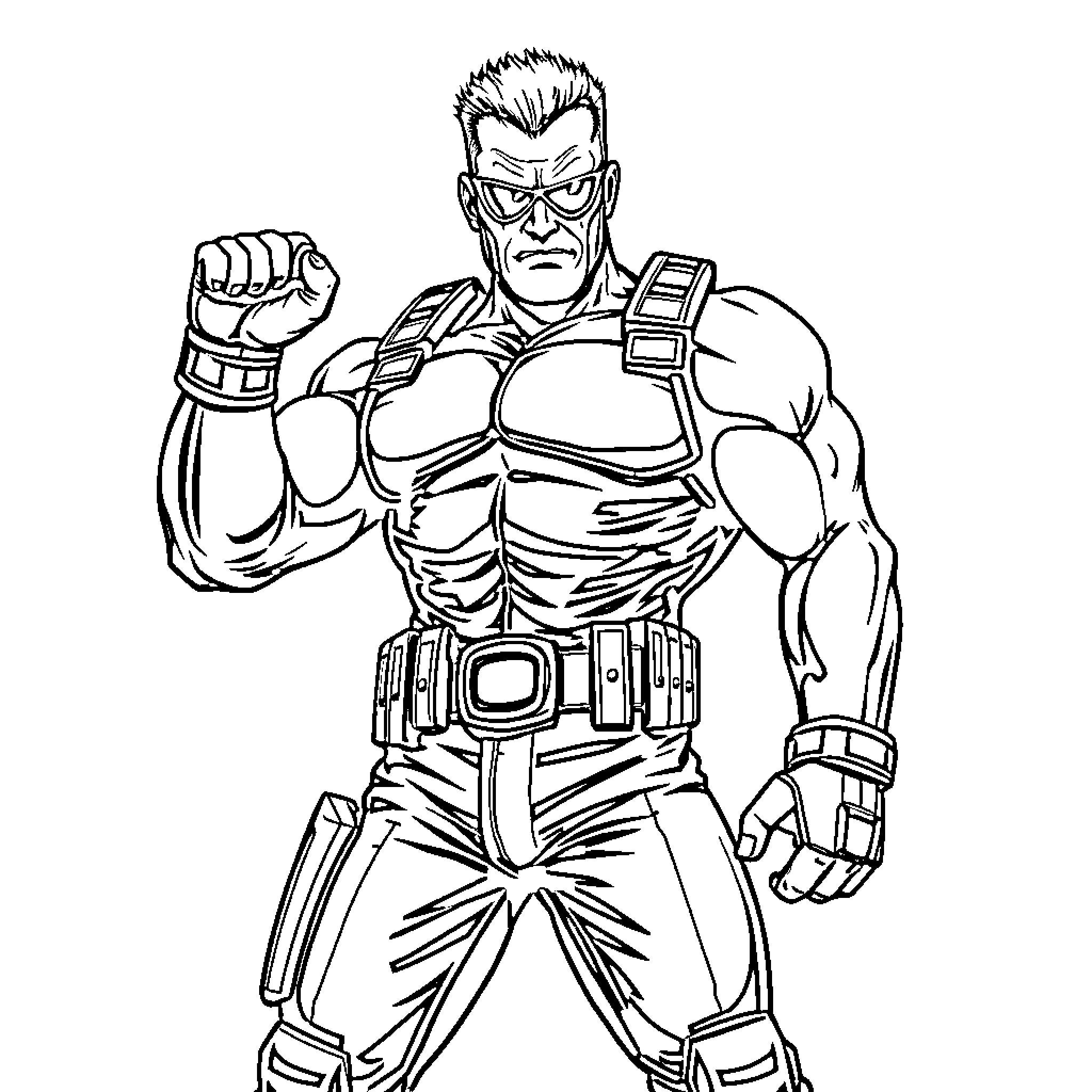 Duke Nukem posing in tactical gear with a confident expression Coloring Page (free black-and-white line drawing printable PDF for all, from beginners to advanced learners, including children, teens, adults, and seniors)