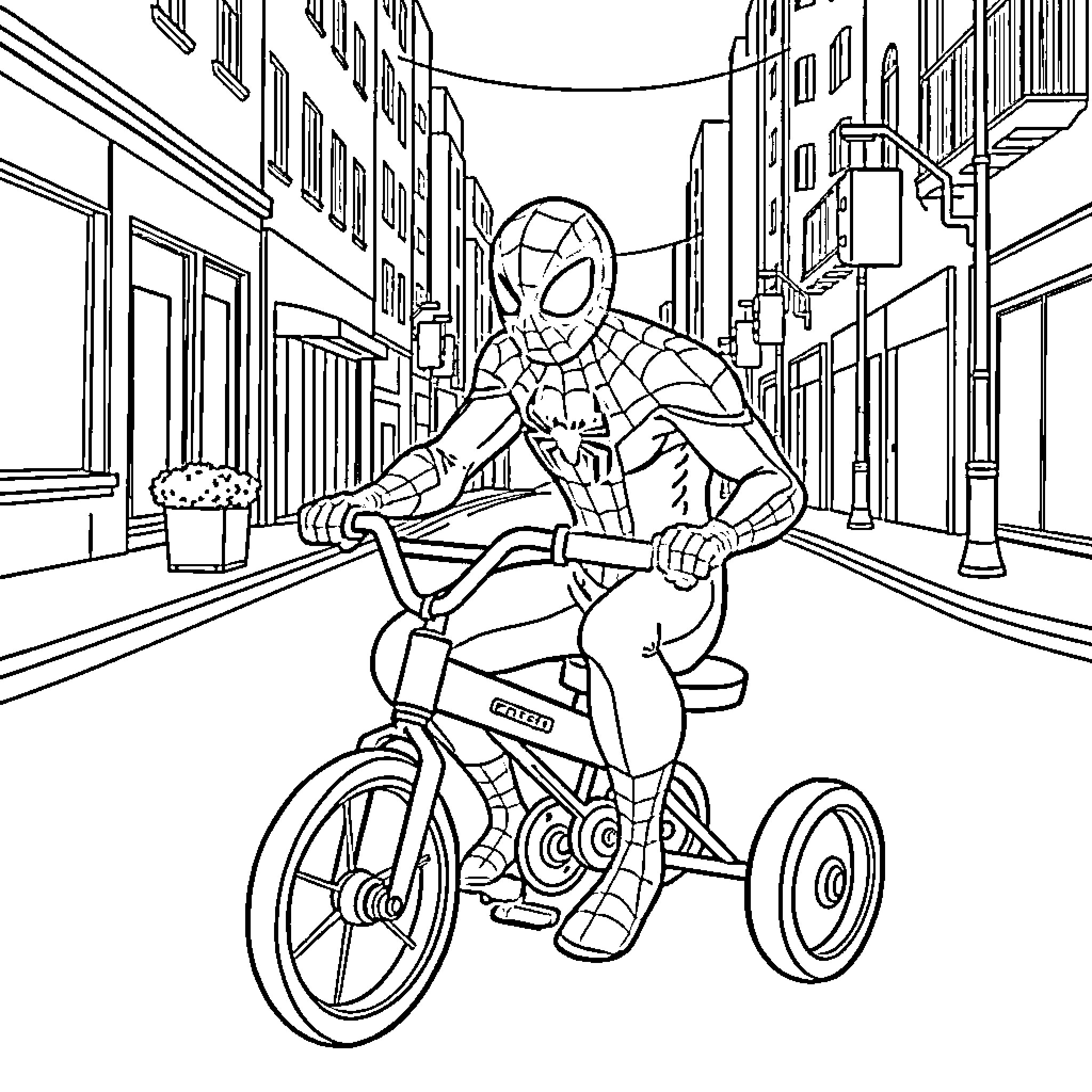 Spider-Man riding a bicycle through the city streets Coloring Page (free black-and-white line drawing printable PDF for all, from beginners to advanced learners, including children, teens, adults, and seniors)