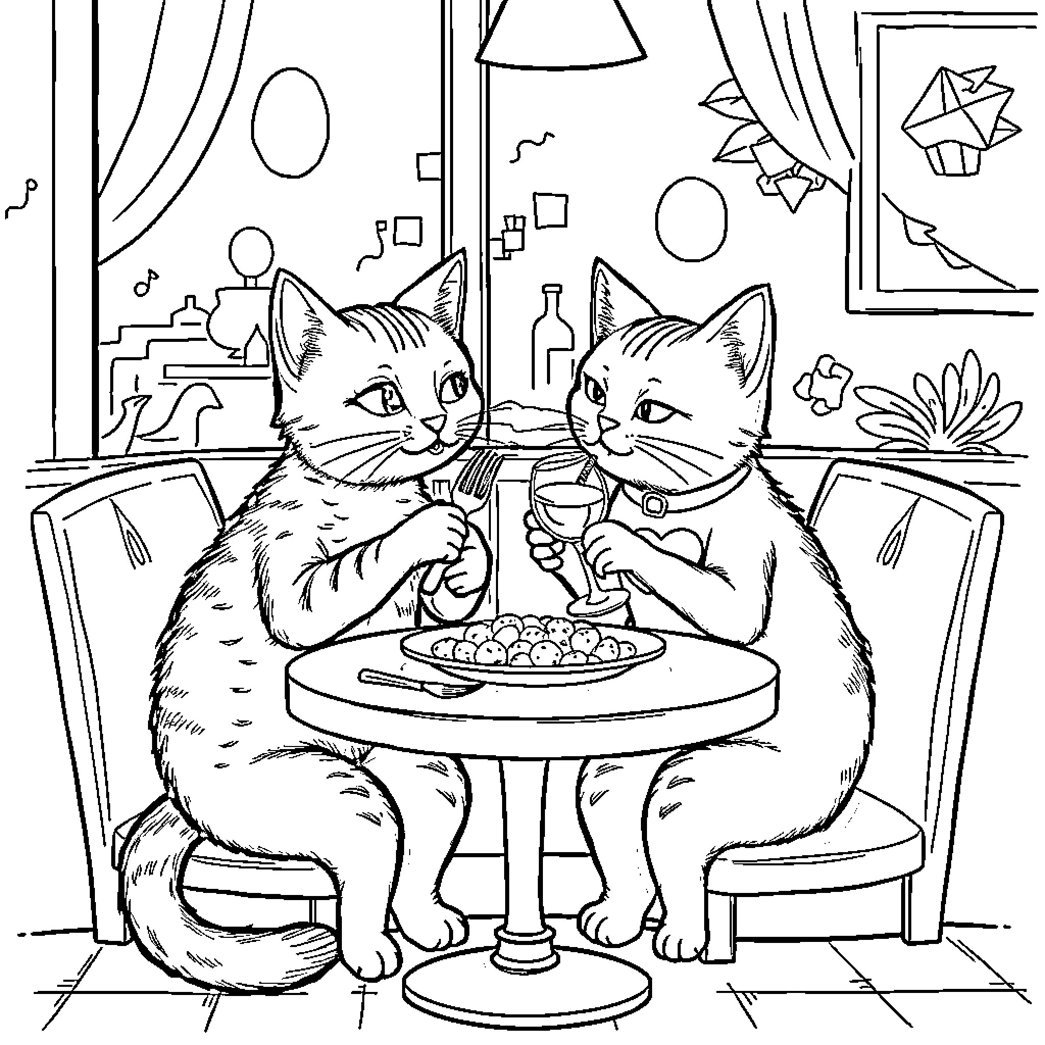 Cat enjoying a meal with friend Coloring Page (free black-and-white line drawing printable PDF for all, from beginners to advanced learners, including children, teens, adults, and seniors)