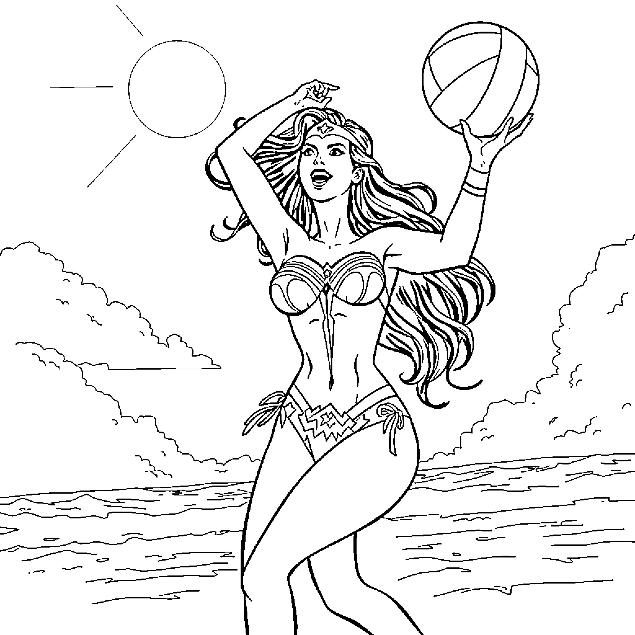 Wonder Woman posing heroically on the beach Coloring Page (free black-and-white line drawing printable PDF for all, from beginners to advanced learners, including children, teens, adults, and seniors)