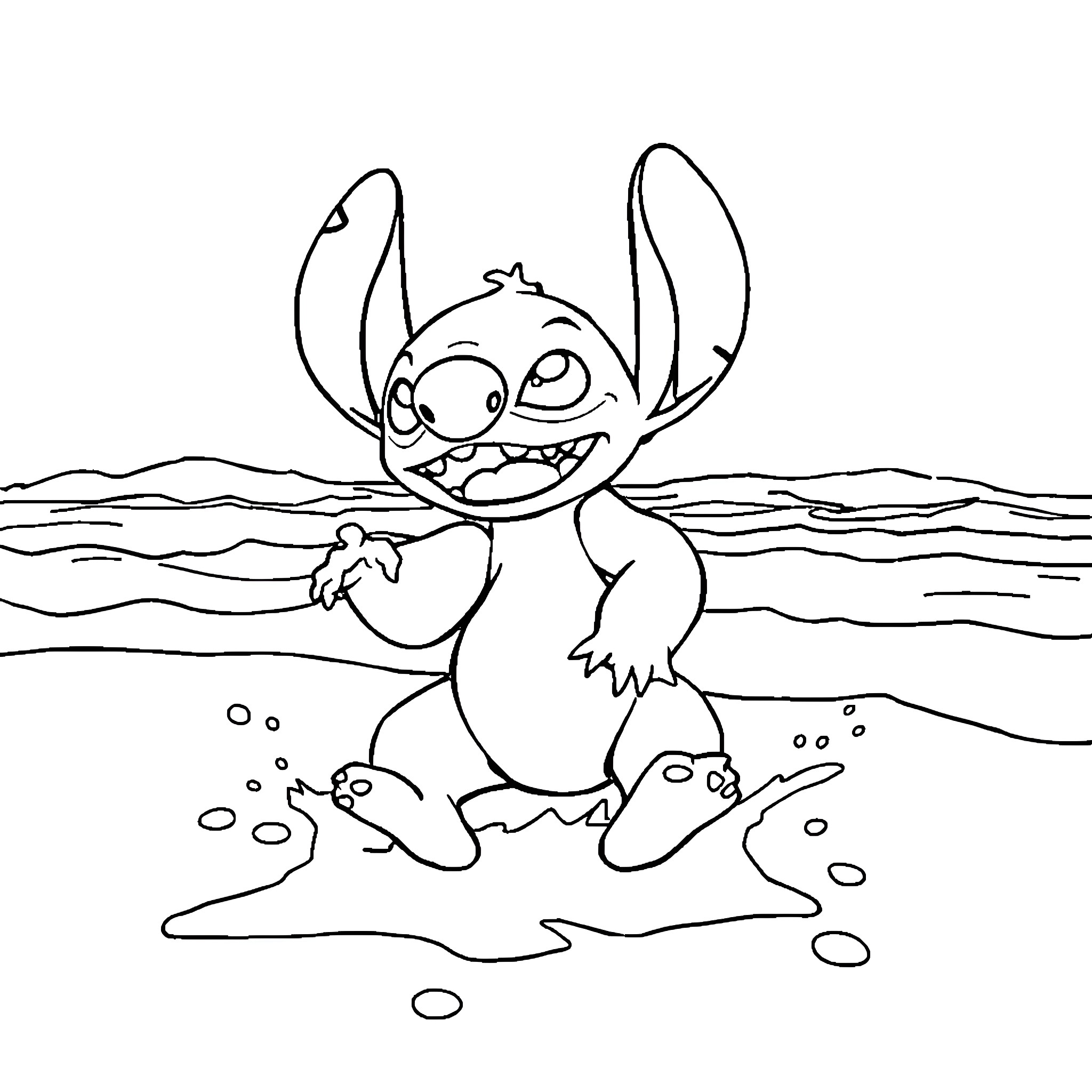 Stitch playing joyfully in the waves Coloring Page (free black-and-white line drawing printable PDF for all, from beginners to advanced learners, including children, teens, adults, and seniors)