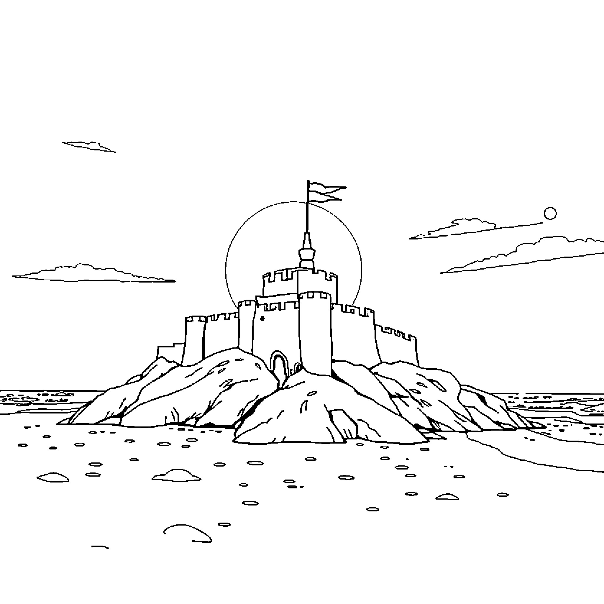 Castillo atop a rocky island in the sea Coloring Page (free black-and-white line drawing printable PDF for all, from beginners to advanced learners, including children, teens, adults, and seniors)