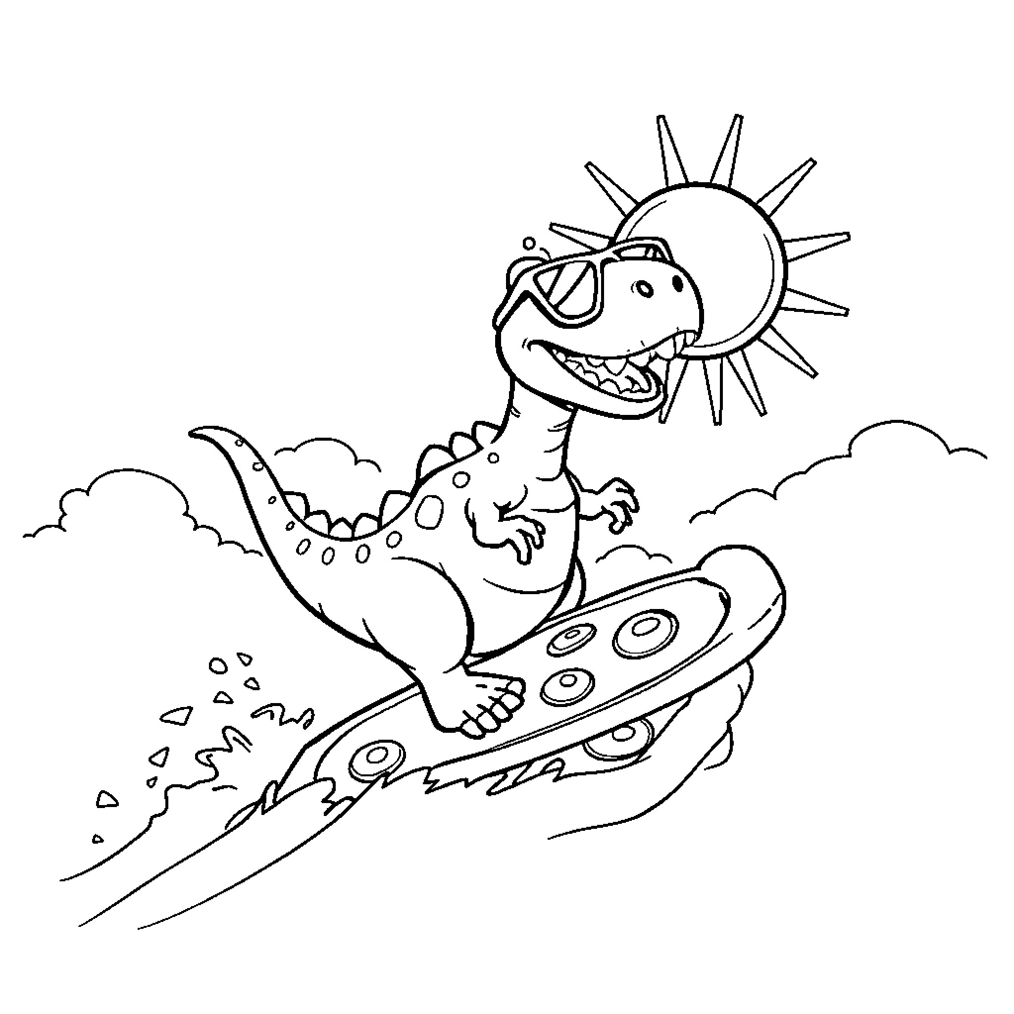 Dinosaur riding skateboard under the sun Coloring Page (free black-and-white line drawing printable PDF for all, from beginners to advanced learners, including children, teens, adults, and seniors)