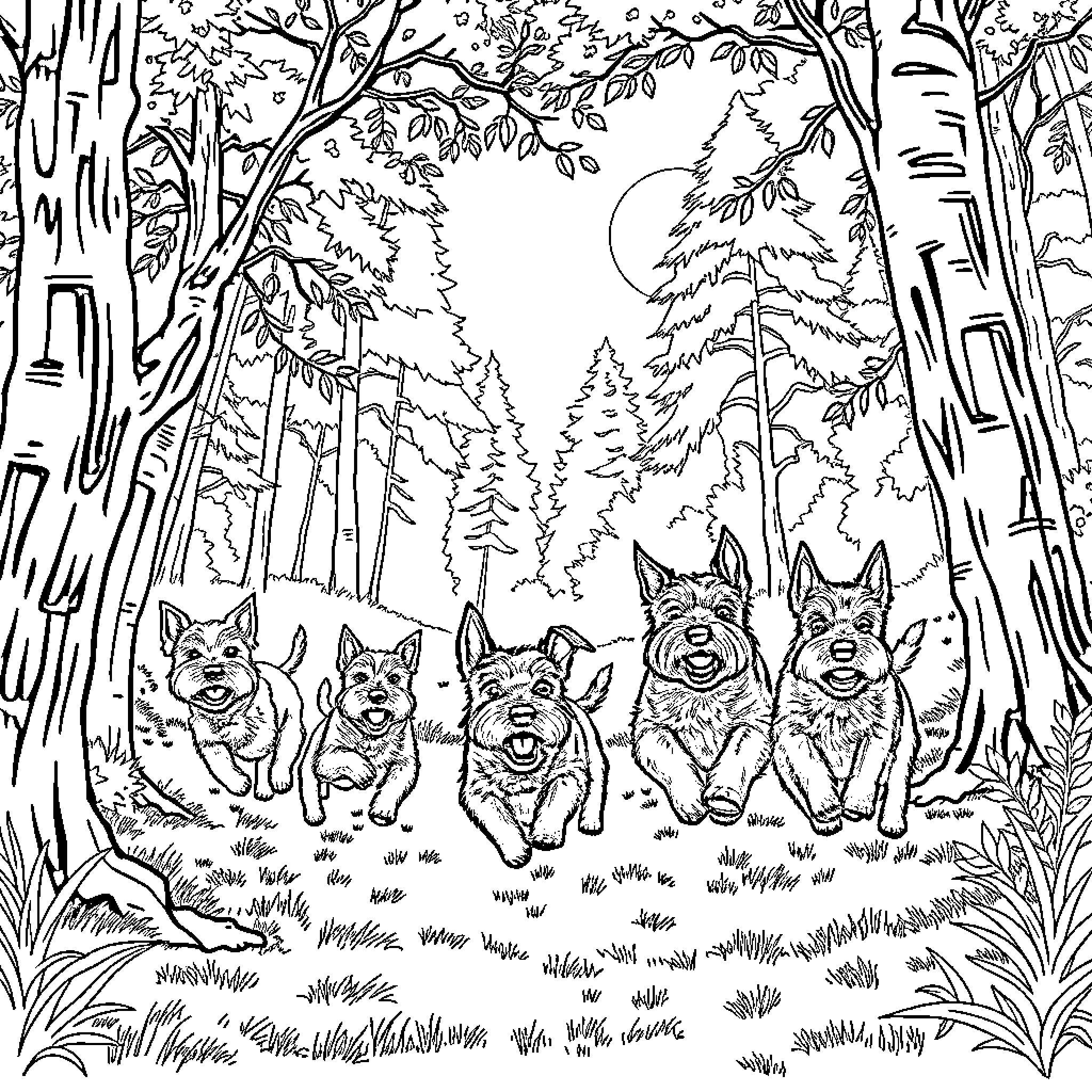 Miniature Schnauzers exploring the enchanted forest Coloring Page (free black-and-white line drawing printable PDF for all, from beginners to advanced learners, including children, teens, adults, and seniors)
