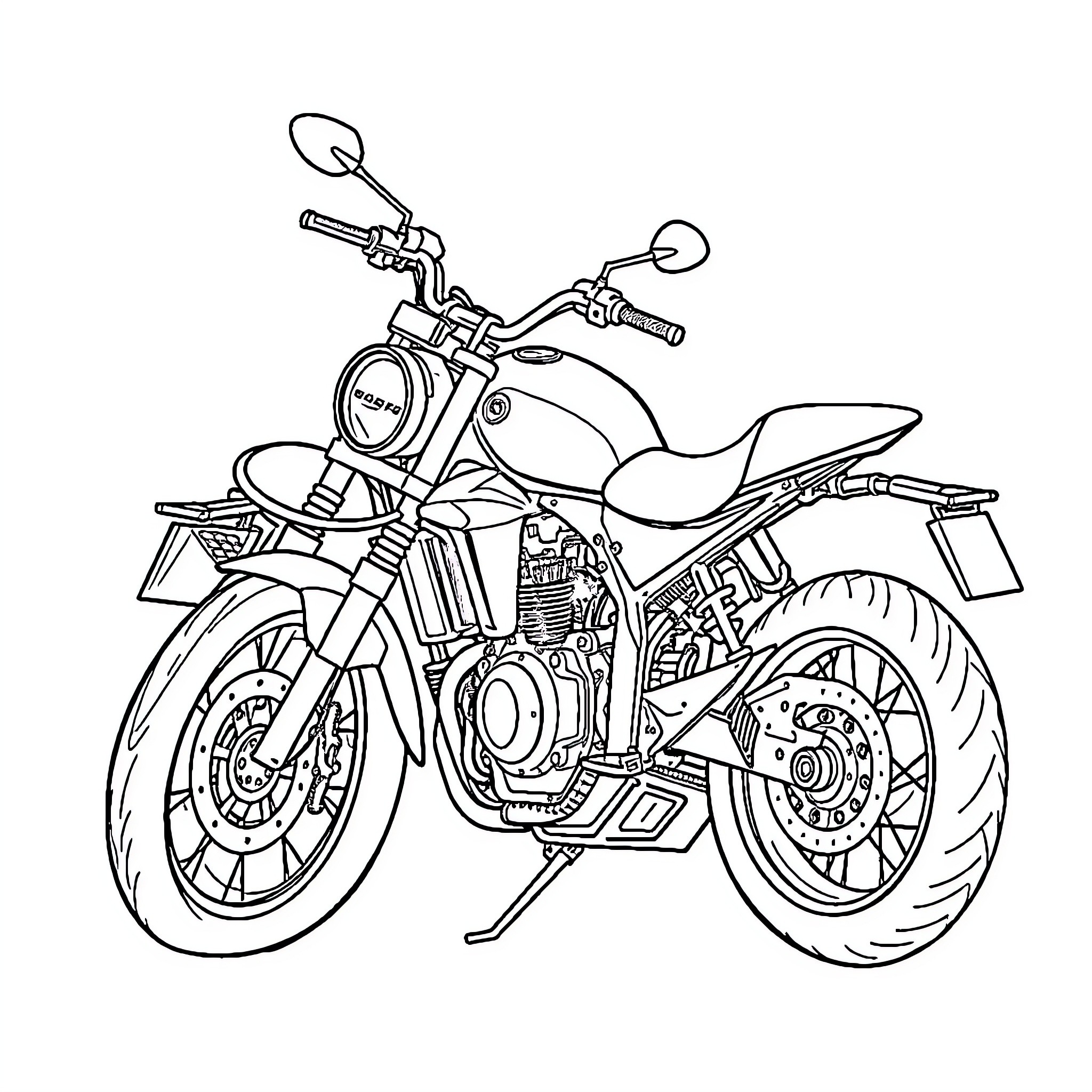Motorcycle with cool custom design and parts Coloring Page (free black-and-white line drawing printable PDF for all, from beginners to advanced learners, including children, teens, adults, and seniors)