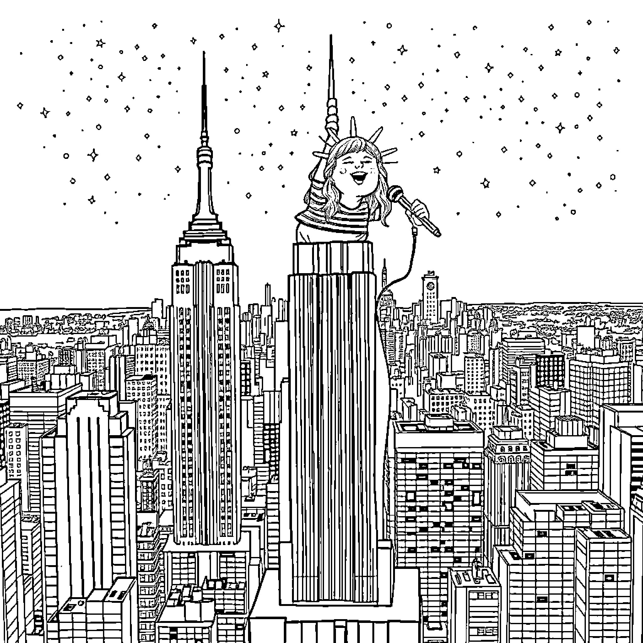 Elle Fitzgerald's Radiant Presence in the Starry New York Skyline Coloring Page (free black-and-white line drawing printable PDF for all, from beginners to advanced learners, including children, teens, adults, and seniors)
