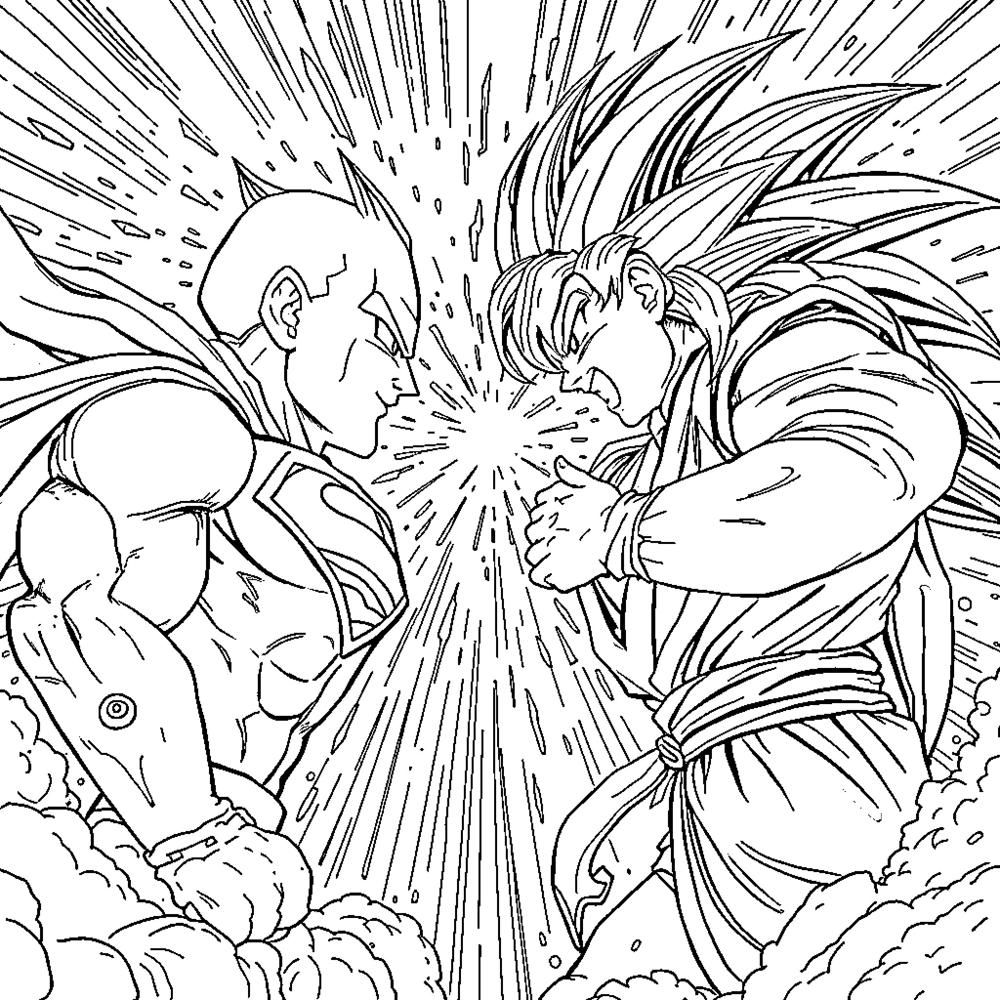 Superman-inspired martial arts battle in epic pose Coloring Page (free black-and-white line drawing printable PDF for all, from beginners to advanced learners, including children, teens, adults, and seniors)