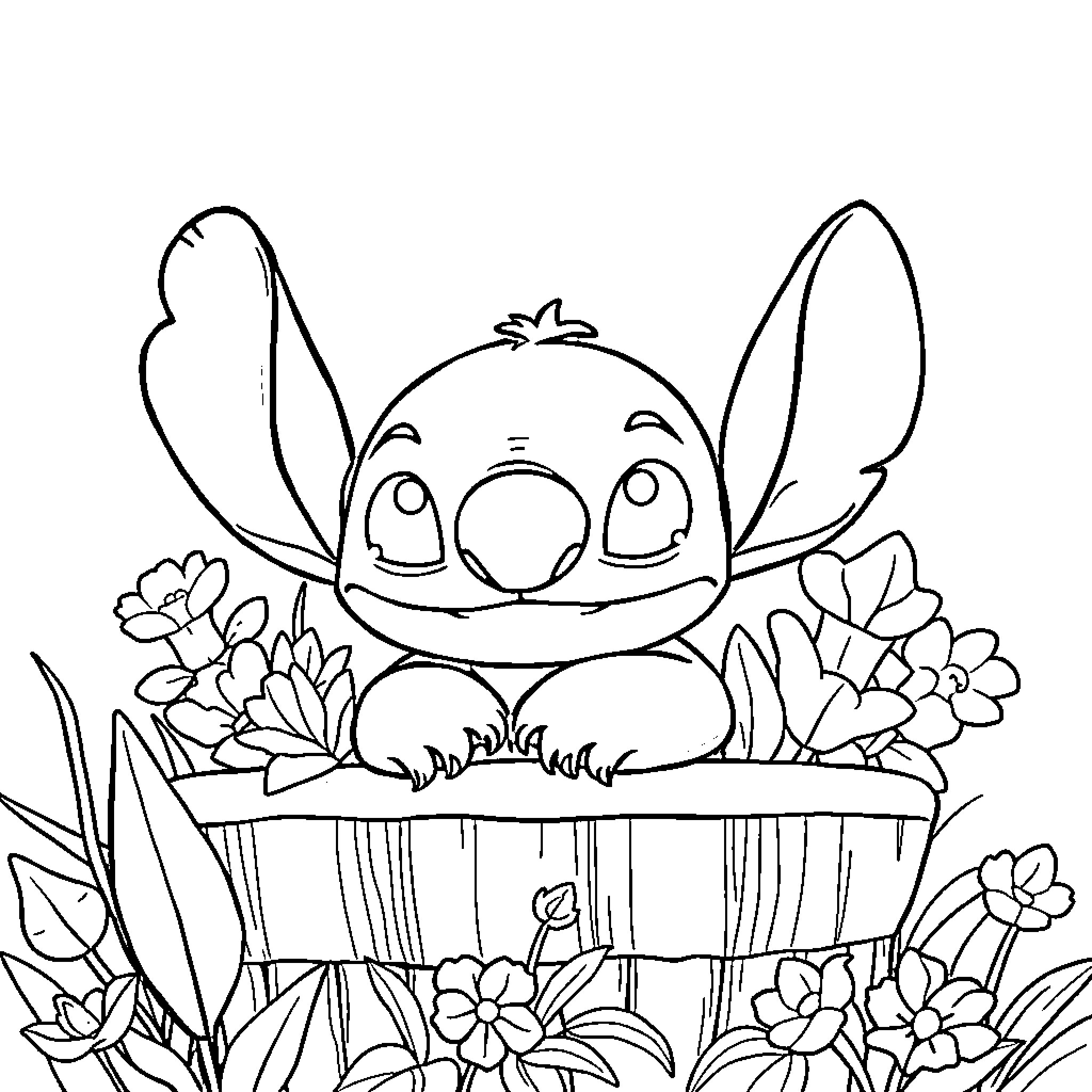 Stitch sitting in a flower garden Coloring Page (free black-and-white line drawing printable PDF for all, from beginners to advanced learners, including children, teens, adults, and seniors)
