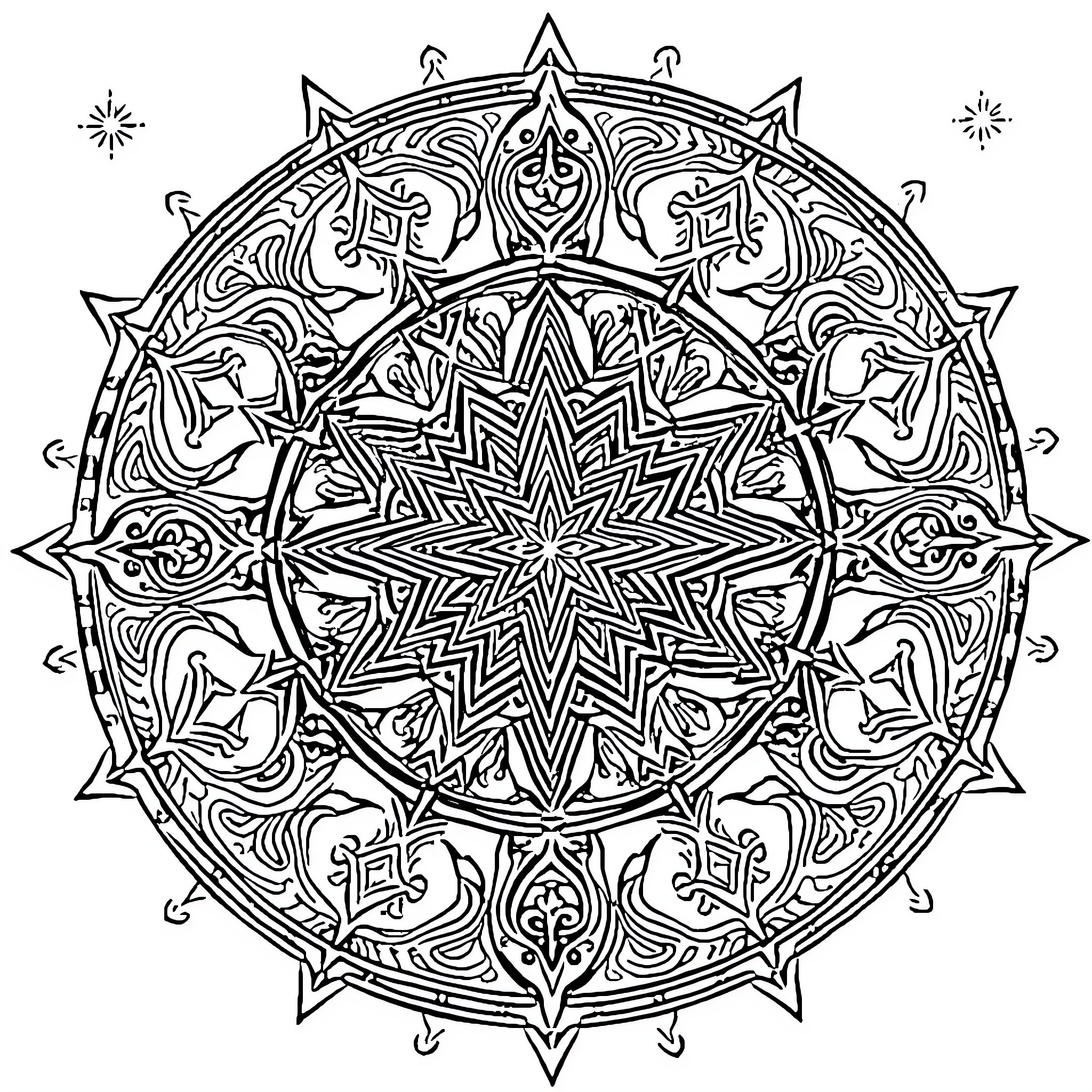 Mandala with intricate symmetrical patterns Coloring Page (free black-and-white line drawing printable PDF for all, from beginners to advanced learners, including children, teens, adults, and seniors)