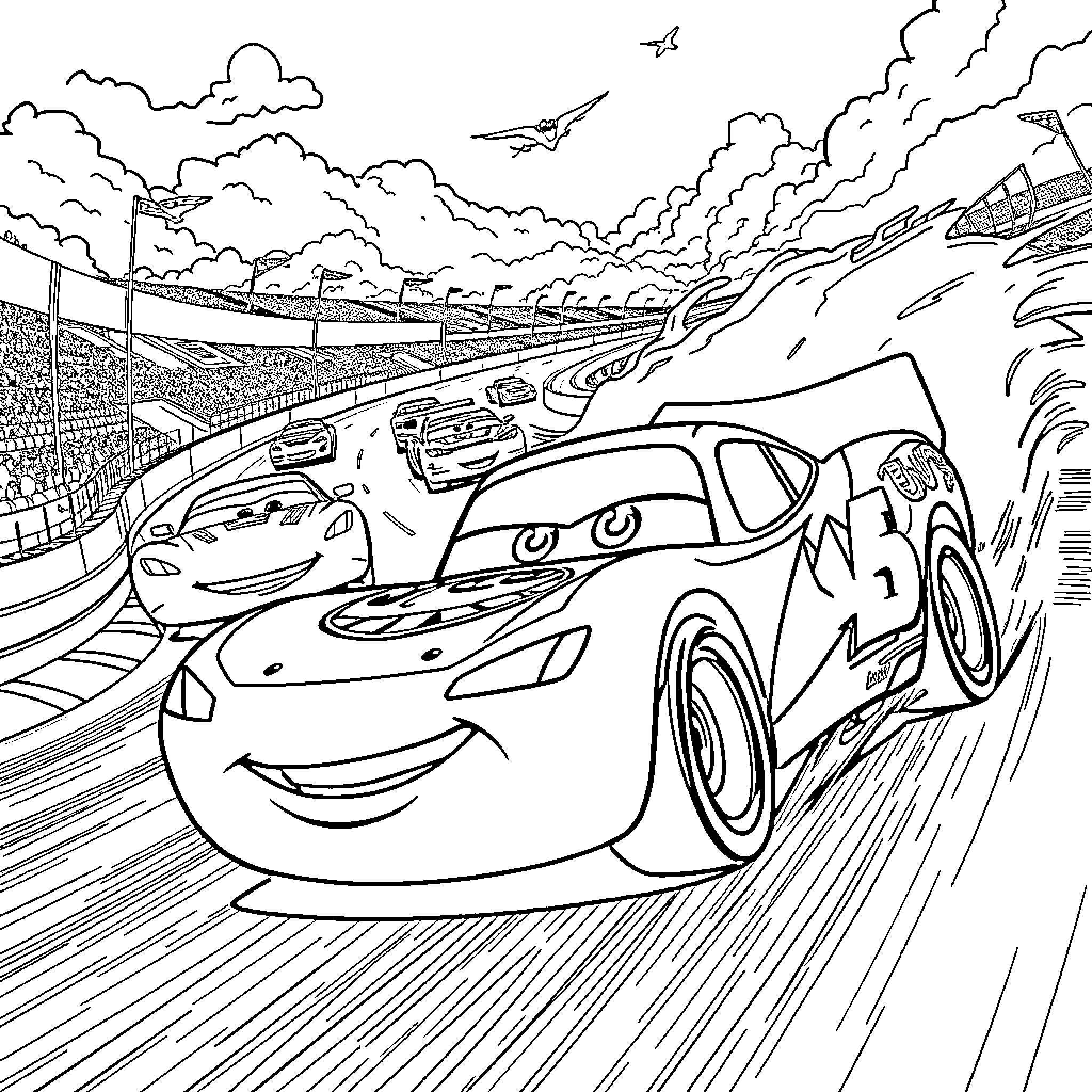 Flash McQueen races with other cars on the track Coloring Page (free black-and-white line drawing printable PDF for all, from beginners to advanced learners, including children, teens, adults, and seniors)