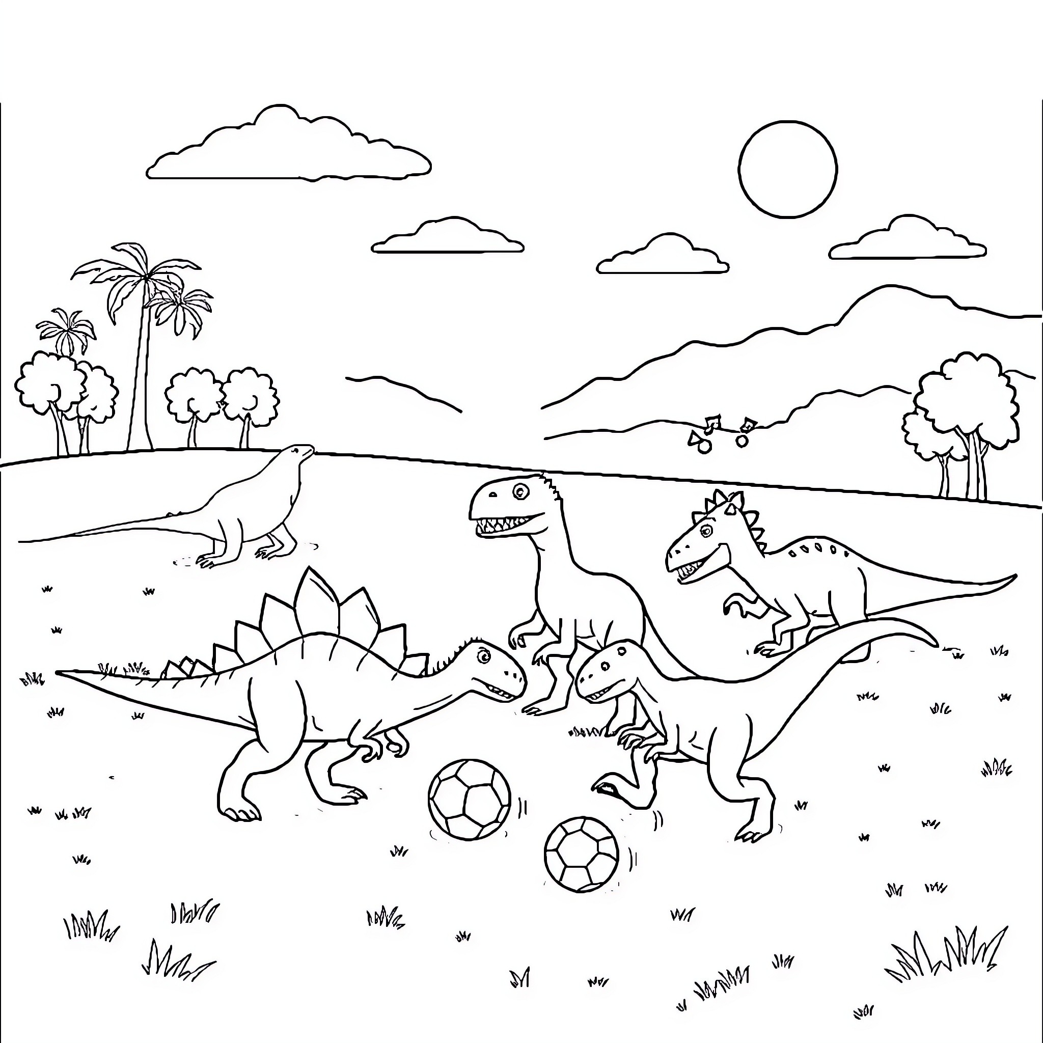 Dinosaur Playground: Prehistoric Creatures at Play Coloring Page (free black-and-white line drawing printable PDF for all, from beginners to advanced learners, including children, teens, adults, and seniors)