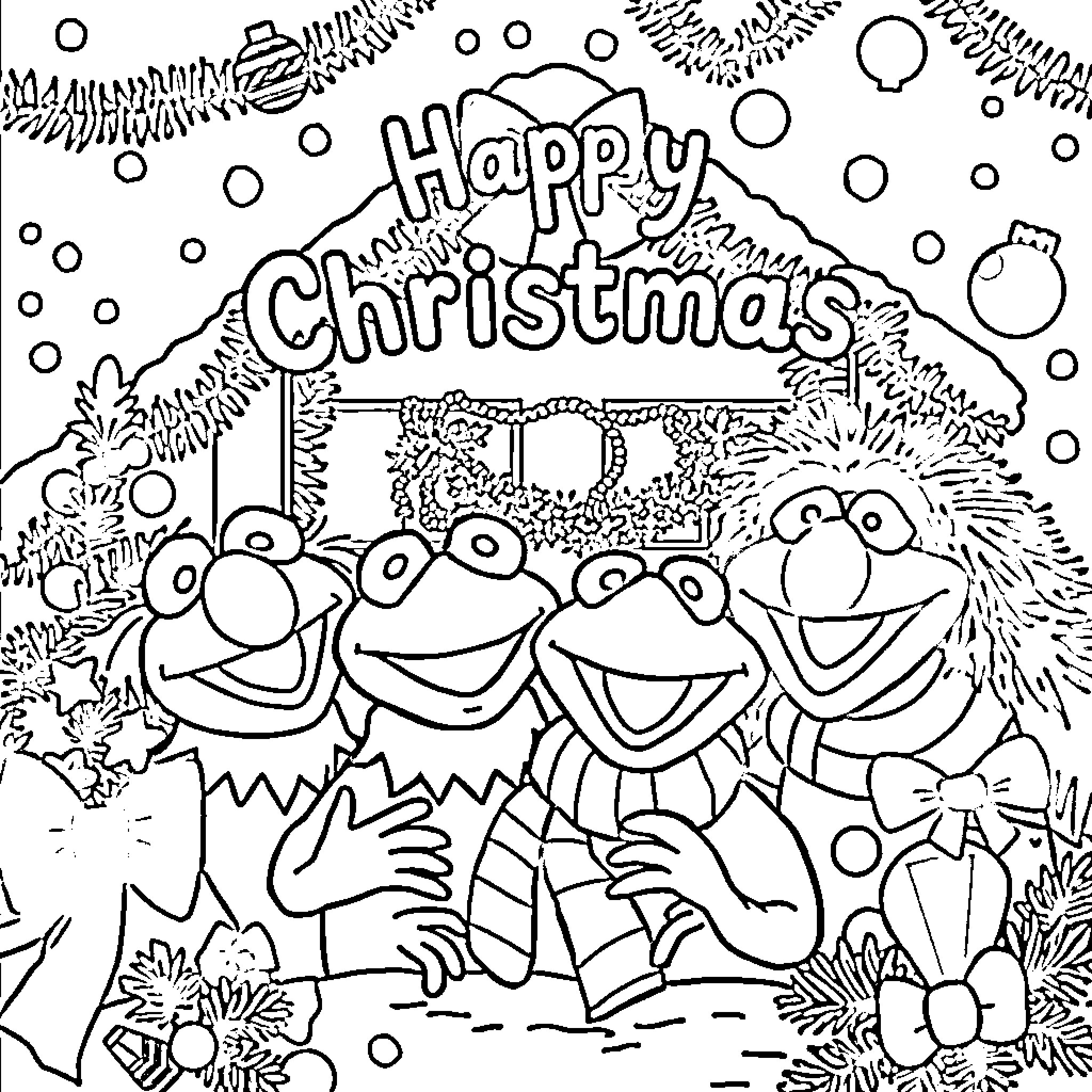 Muppet characters celebrating happy christmas Coloring Page (free black-and-white line drawing printable PDF for all, from beginners to advanced learners, including children, teens, adults, and seniors)