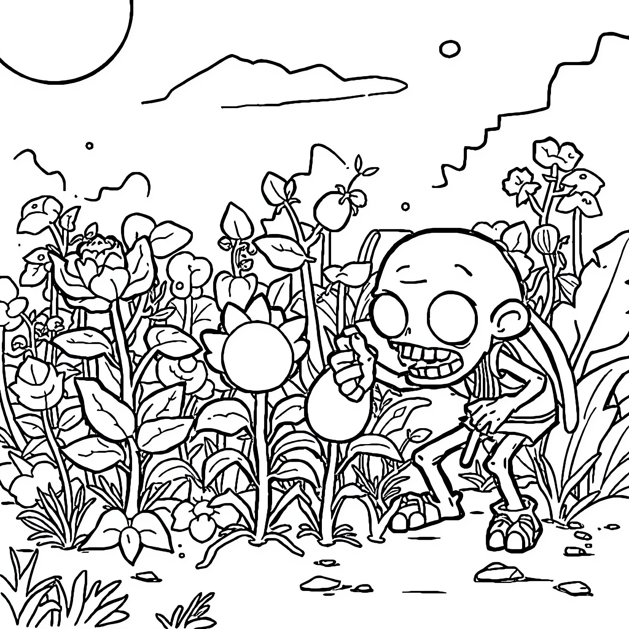 Plants vs. Zombies: Whimsical Garden Battle Coloring Page (free black-and-white line drawing printable PDF for all, from beginners to advanced learners, including children, teens, adults, and seniors)